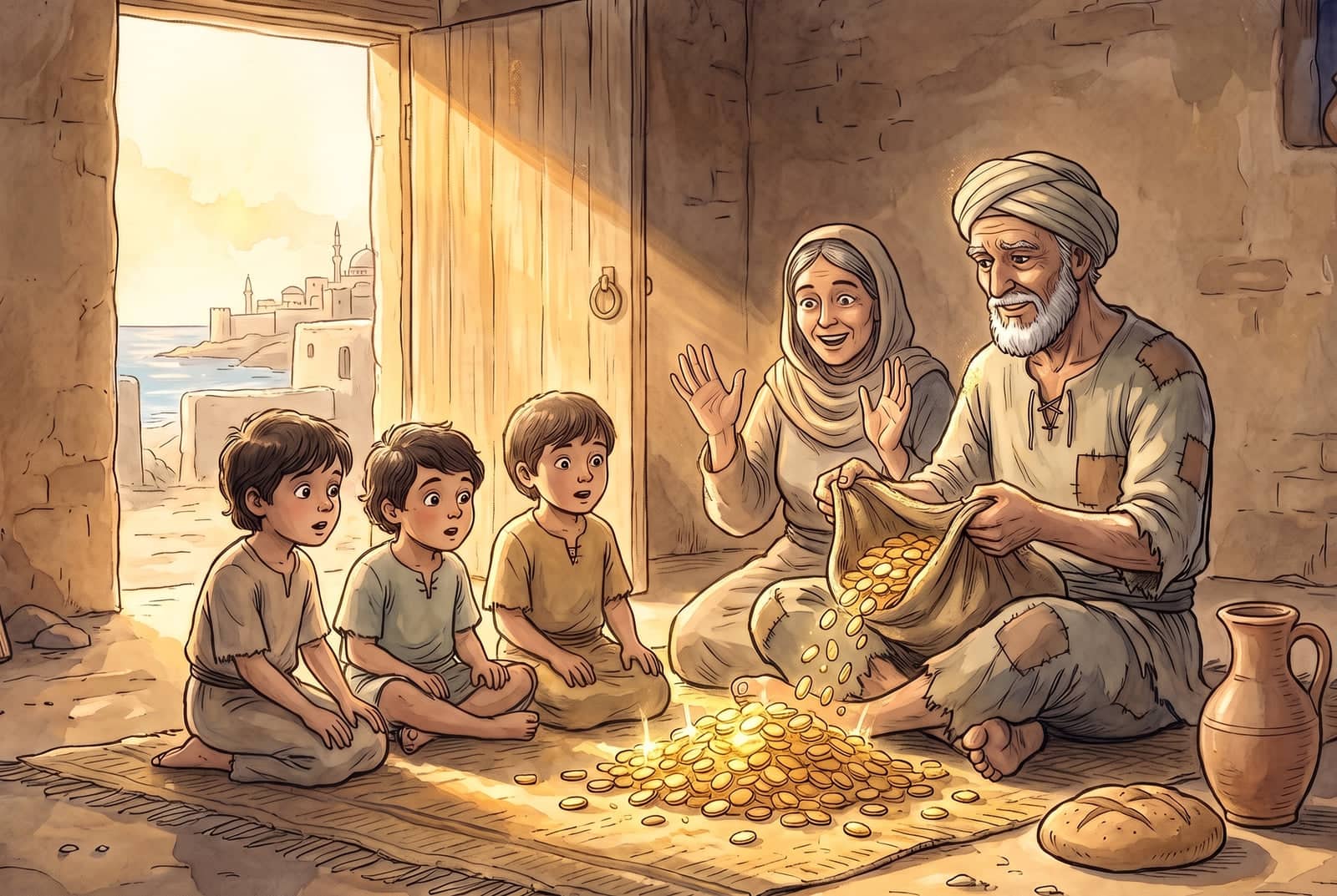 In a plain room, the old fisherman pours gold pieces from a sack into a shining pile while his wife raises her hands in joy and three children stare wide-eyed.