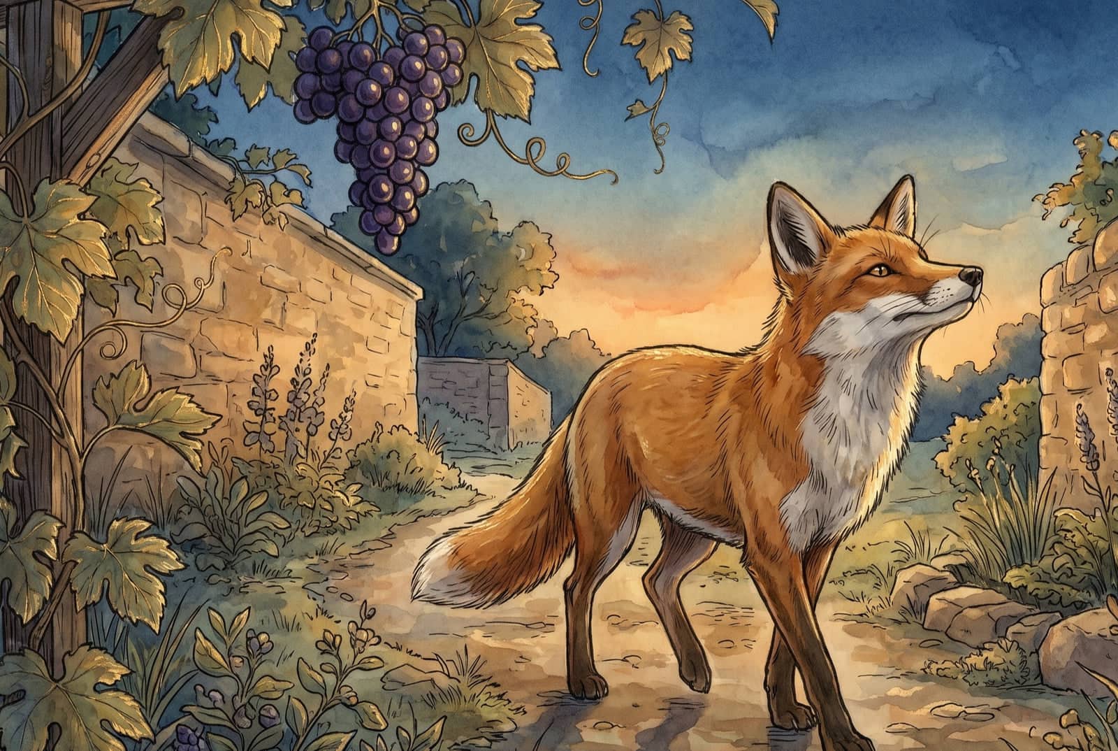 A raposa se afasta pelo caminho de terra, de cabeça erguida e ar tranquilo, deixando para trás um cacho de uvas intocado na parreira ao entardecer.