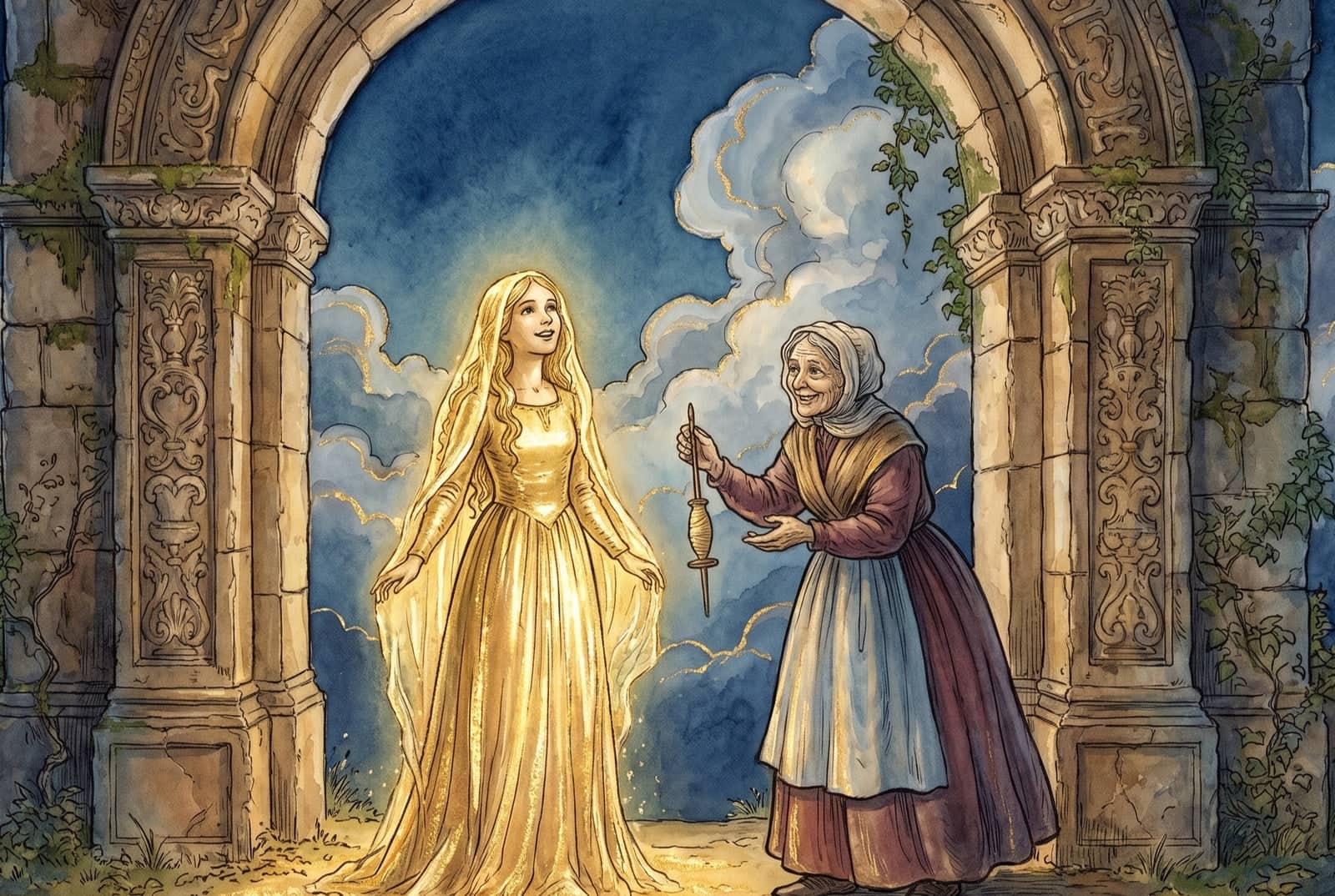 Under a tall stone arch, a girl shining with gold from head to foot smiles at an old woman in a headscarf, who holds out the spindle the girl lost.