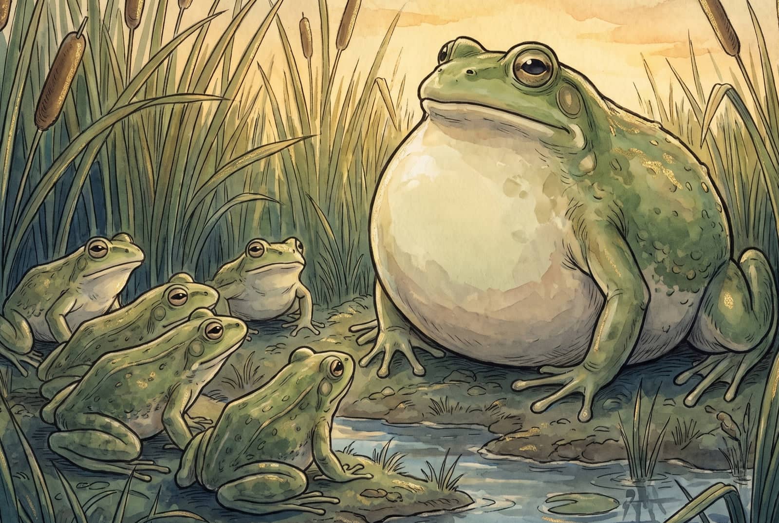 Five young frogs watch their mother among tall cattails, her belly swollen into a huge round hump far bigger than her head.