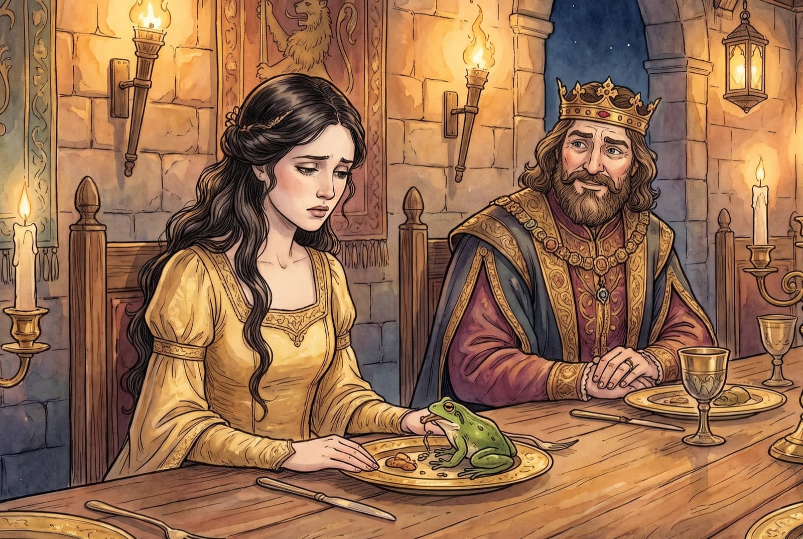 A princess in a golden gown watches uneasily as a frog eats from her golden plate at the table, the crowned king seated beside her in a torchlit hall.
