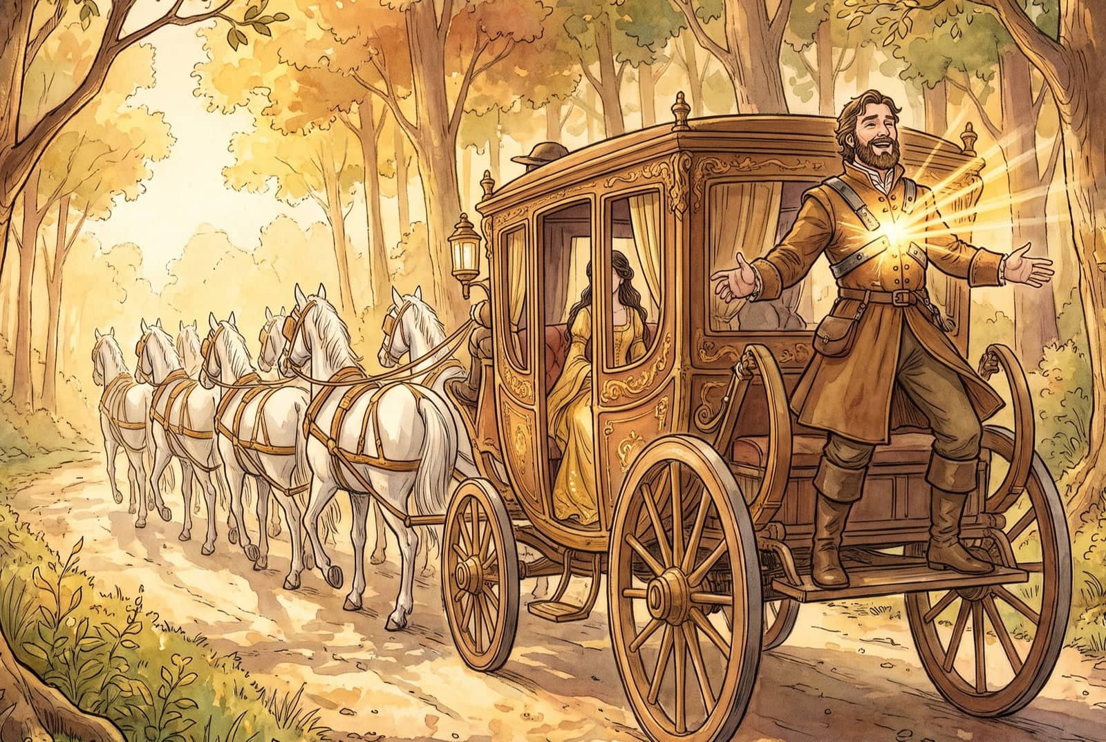 A bearded servant rides at the back of a carriage pulled by eight white horses, light bursting from an iron band on his chest as he beams with joy.
