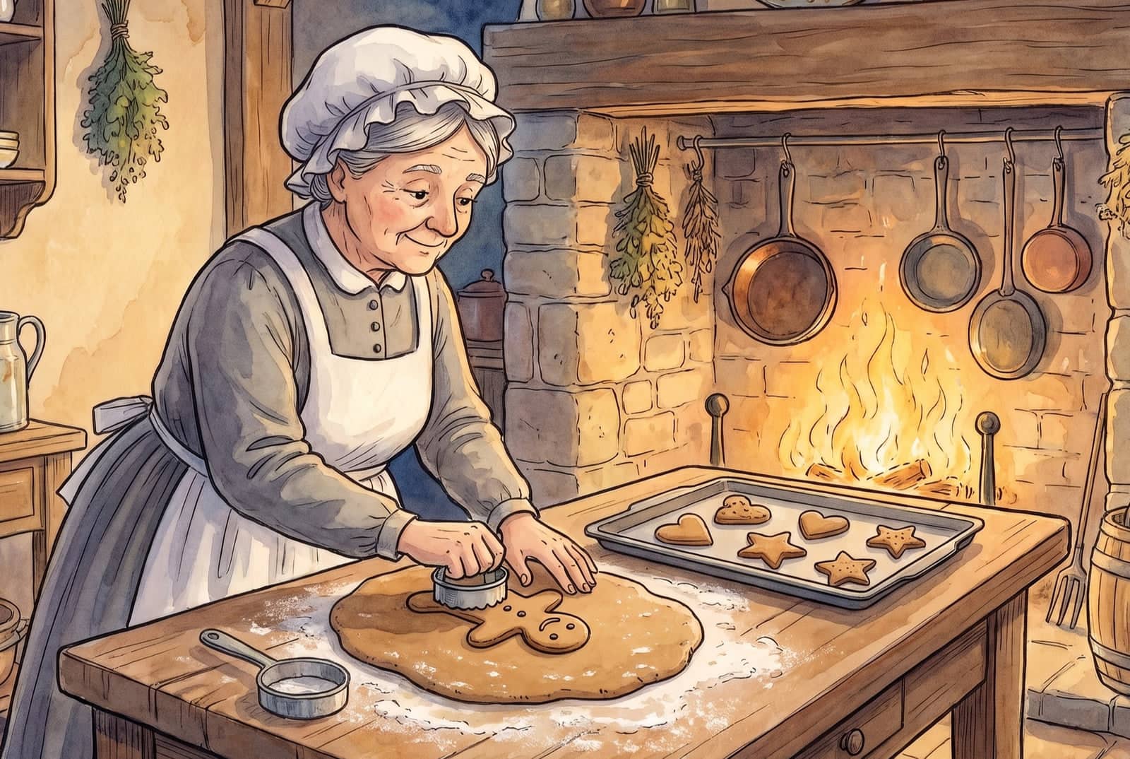 An old woman in a cap and apron presses a round cutter into rolled dough, a little man already cut from the same sheet, a tray of hearts and stars by the fire.