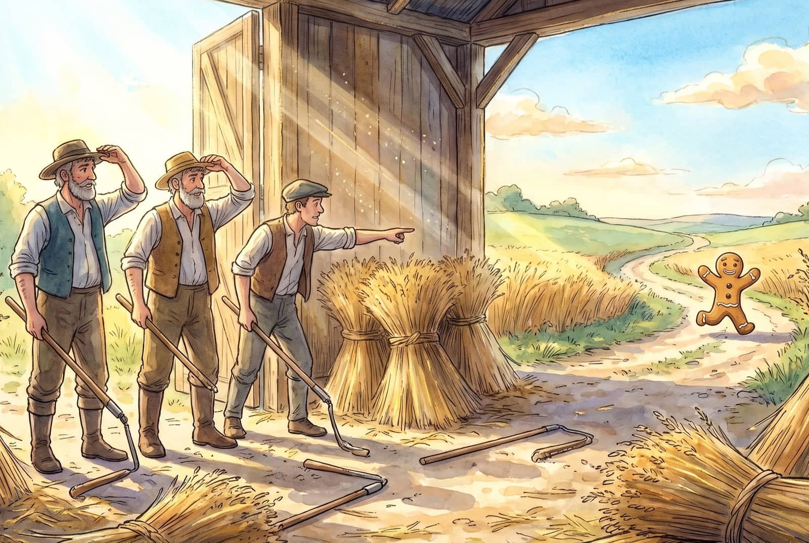 Three threshers stop work in a sunlit barn doorway, flails lowered among the sheaves, one pointing down the track where the gingerbread man is running away.