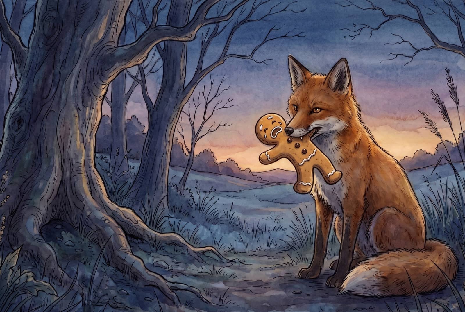 A red fox sits among bare trees at dusk with the gingerbread man held crosswise in its jaws, his mouth open, the sky orange and violet behind them.