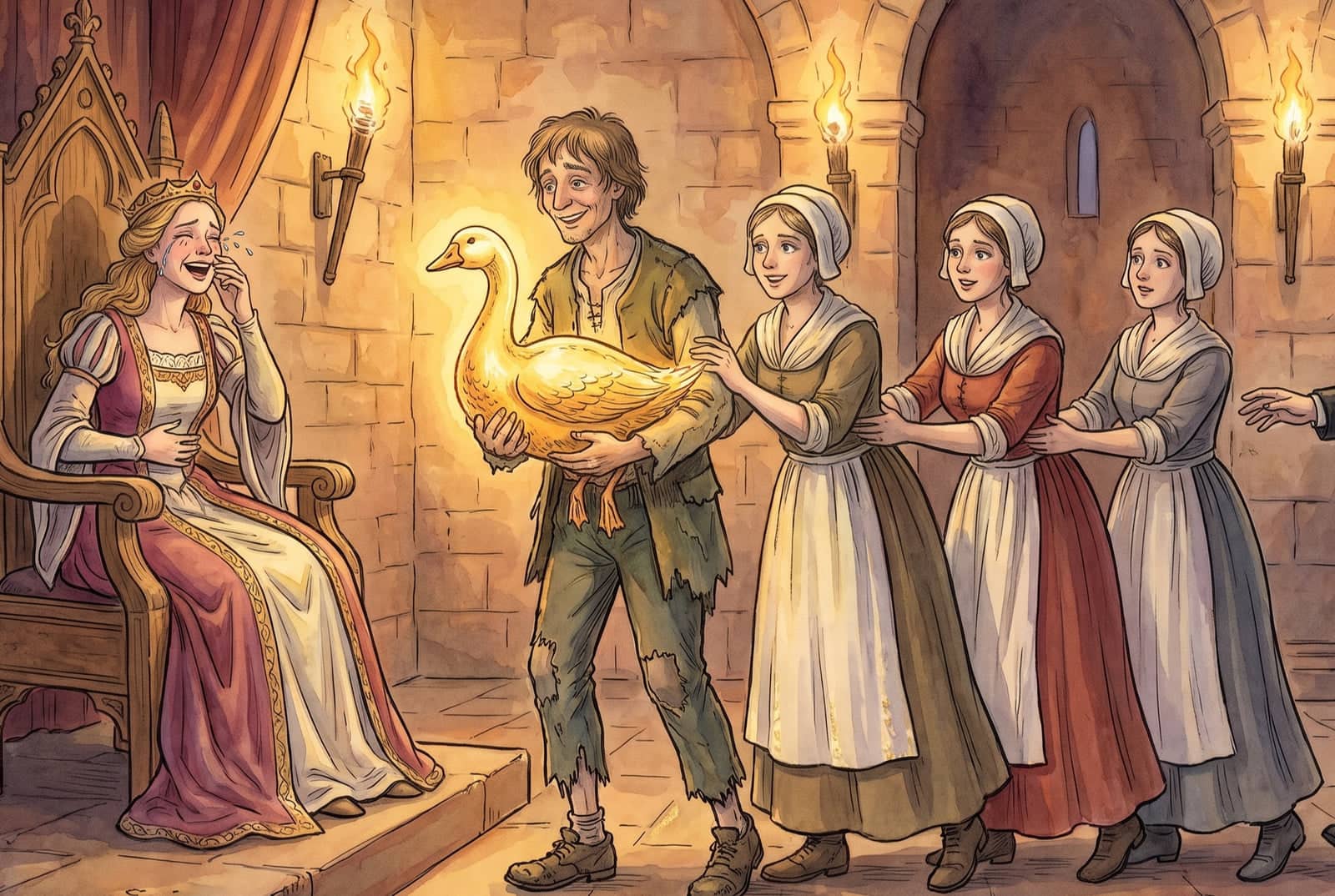 A crowned princess laughs until the tears run down her face as a ragged young man holds the glowing goose, a line of village folk stuck fast behind him.