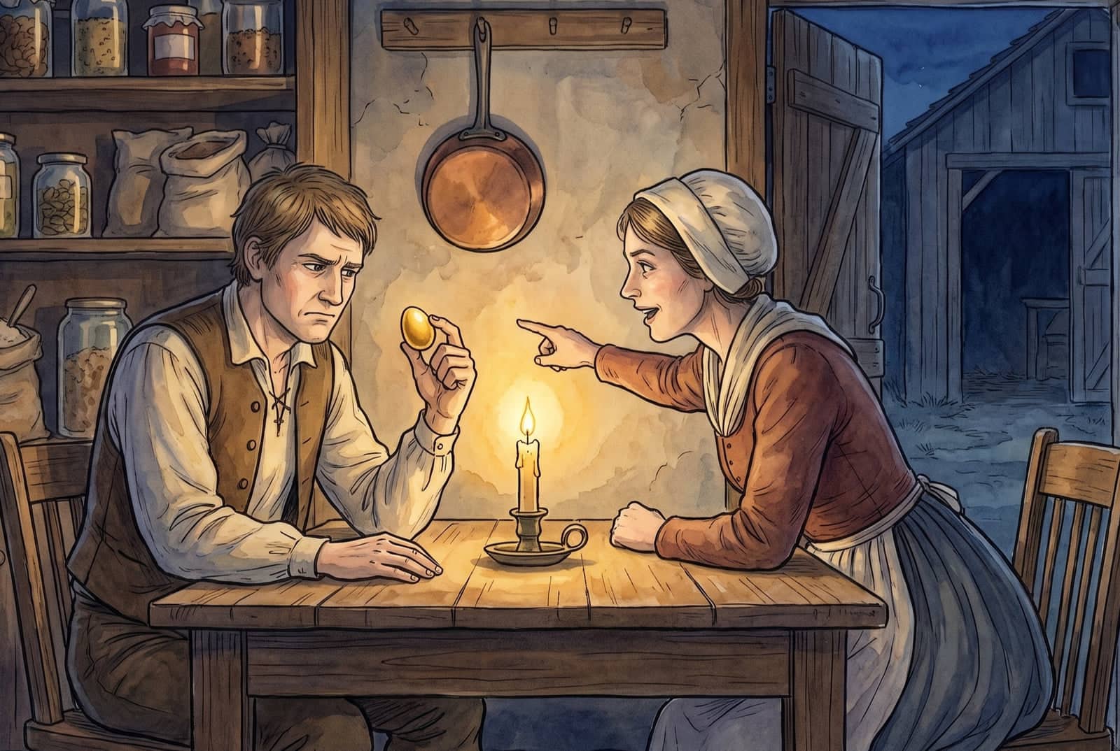 À mesa da cozinha, à luz de uma vela, o homem franze a testa para o ovo de ouro que segura, enquanto a mulher se inclina e aponta o dedo para o marido.