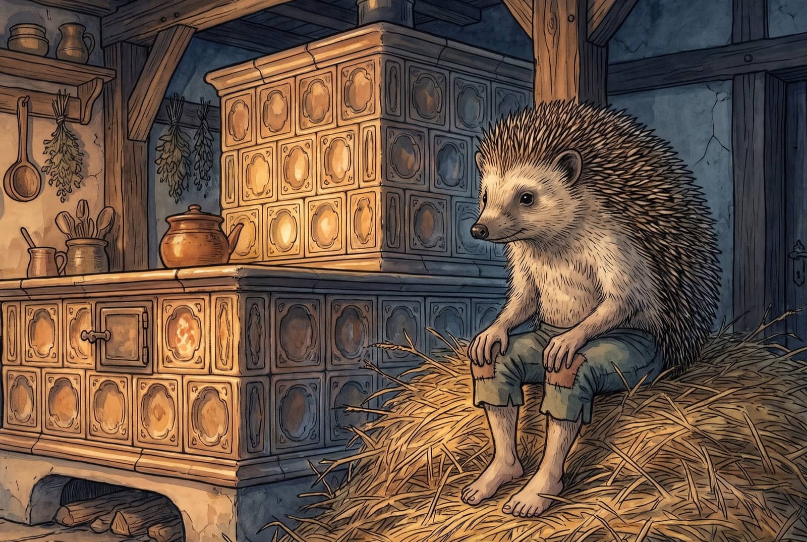 Hans, oben Igel und unten Junge, sitzt barfuß in geflickter Hose auf einem Strohlager neben dem warmen Kachelofen der Bauernstube.