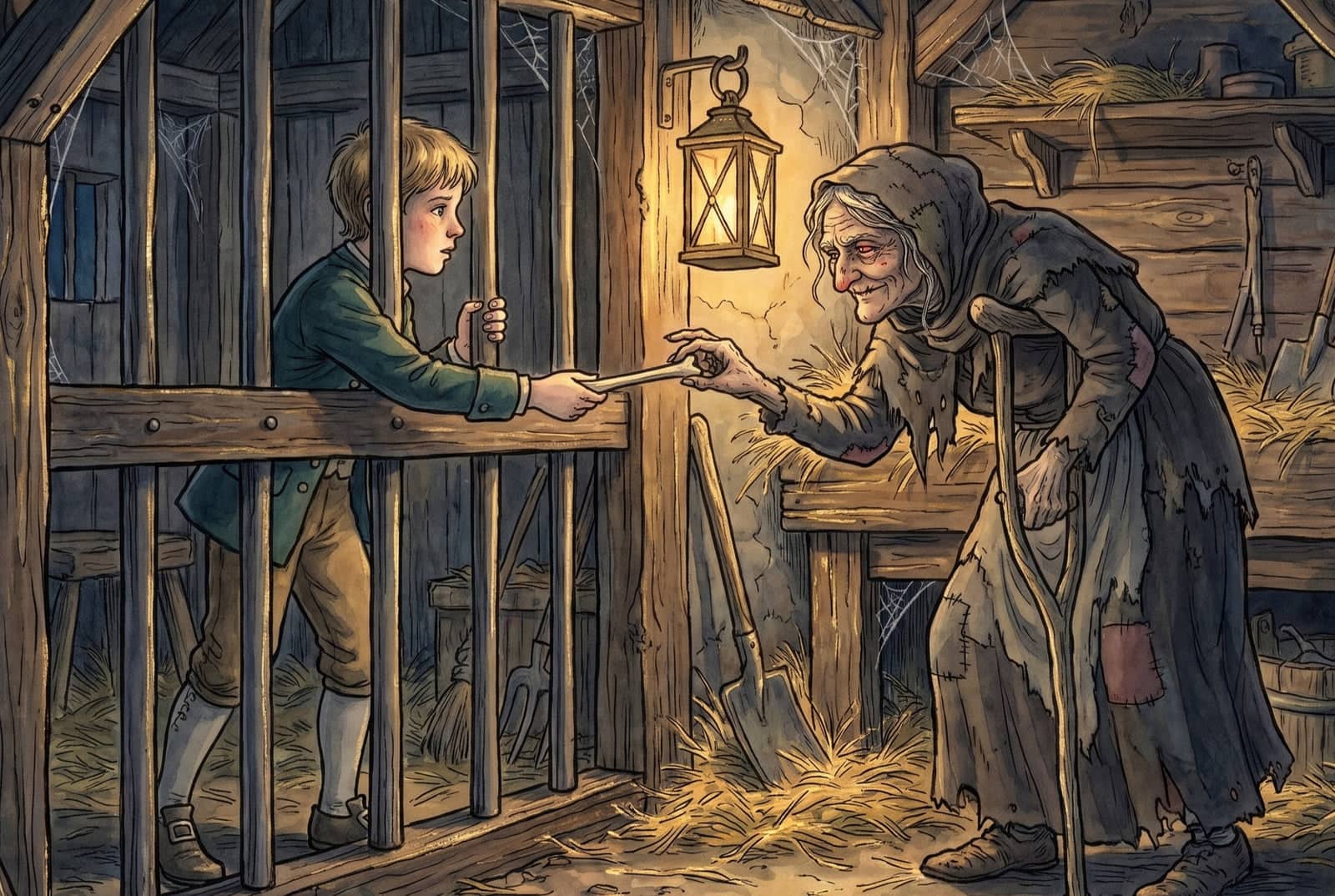 Atrás das grades de um cercado, o menino estende um ossinho fino para a velha curvada na muleta, que estica a mão para apalpá-lo à luz de uma lanterna.