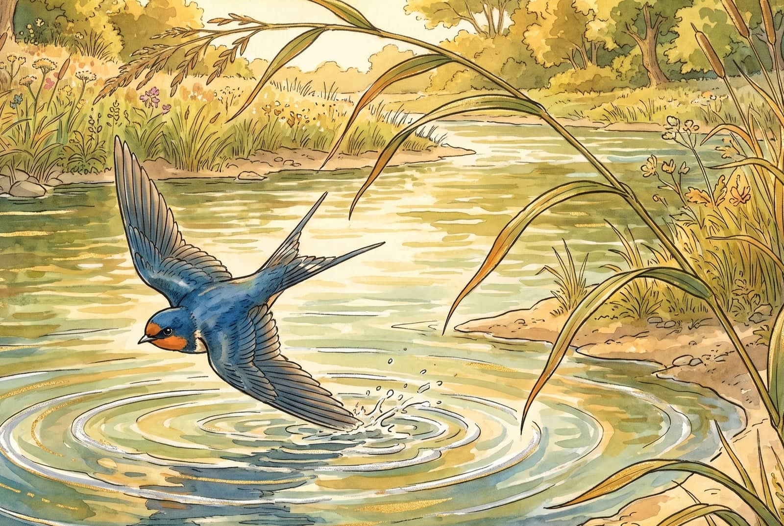 A swallow skims a sunlit river, one wing raised and the other wingtip breaking the water into rings, while a tall feathery reed bends over it from the bank.