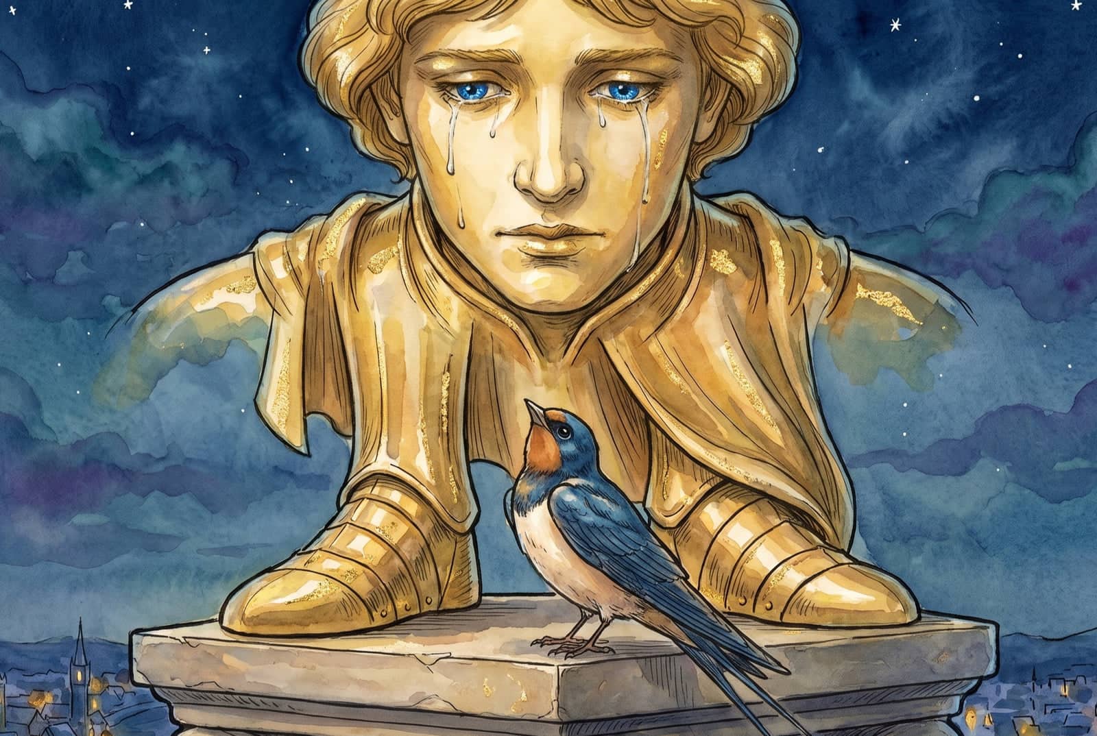 The golden statue stands over a lamplit city at night, head bowed, blue jewel eyes and pale tears on his cheeks, a swallow between his feet looking up at him.