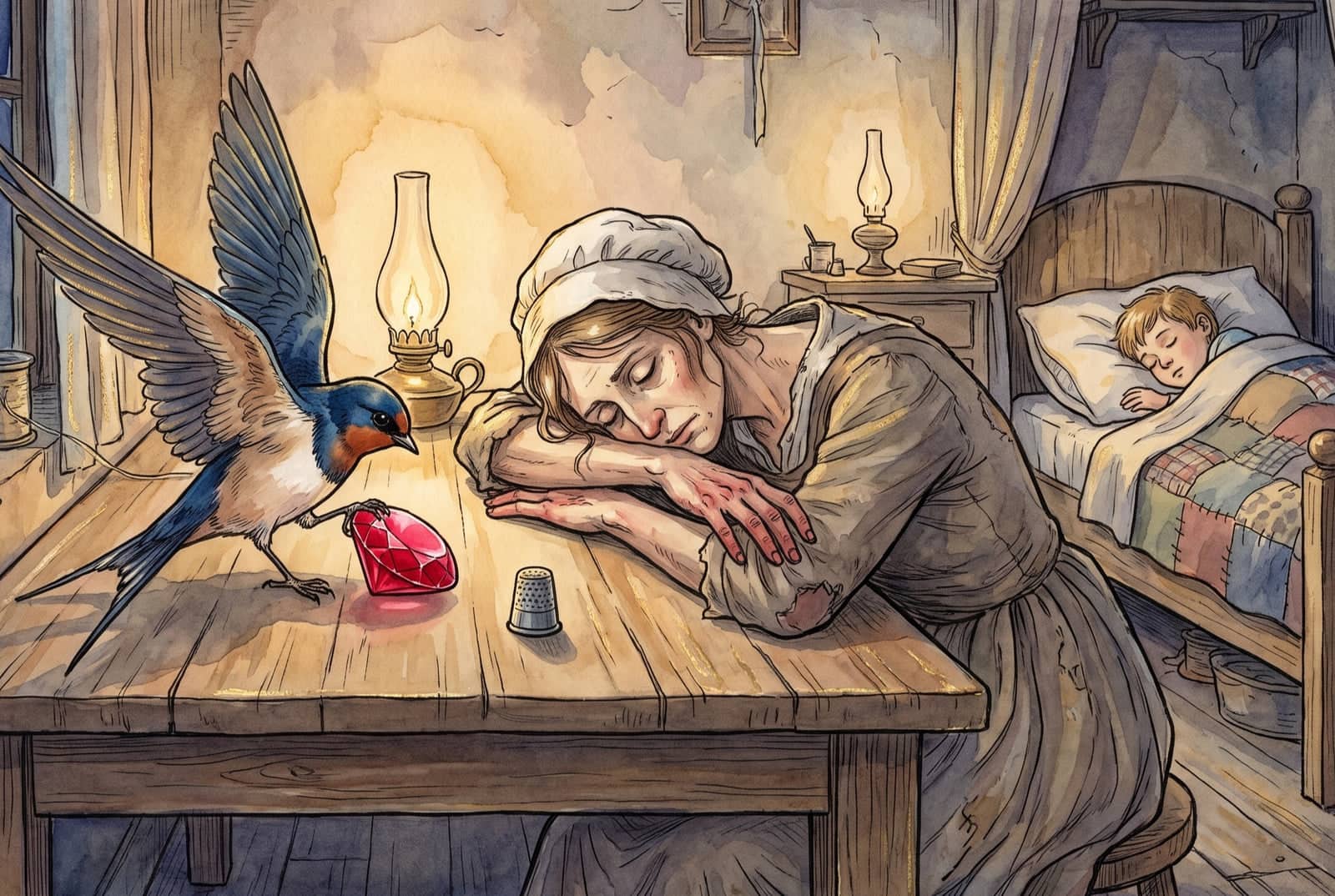 In a lamplit room a swallow sets a large red jewel on a table by a thimble, while a thin woman in a white cap sleeps on her arms and a boy sleeps in bed.