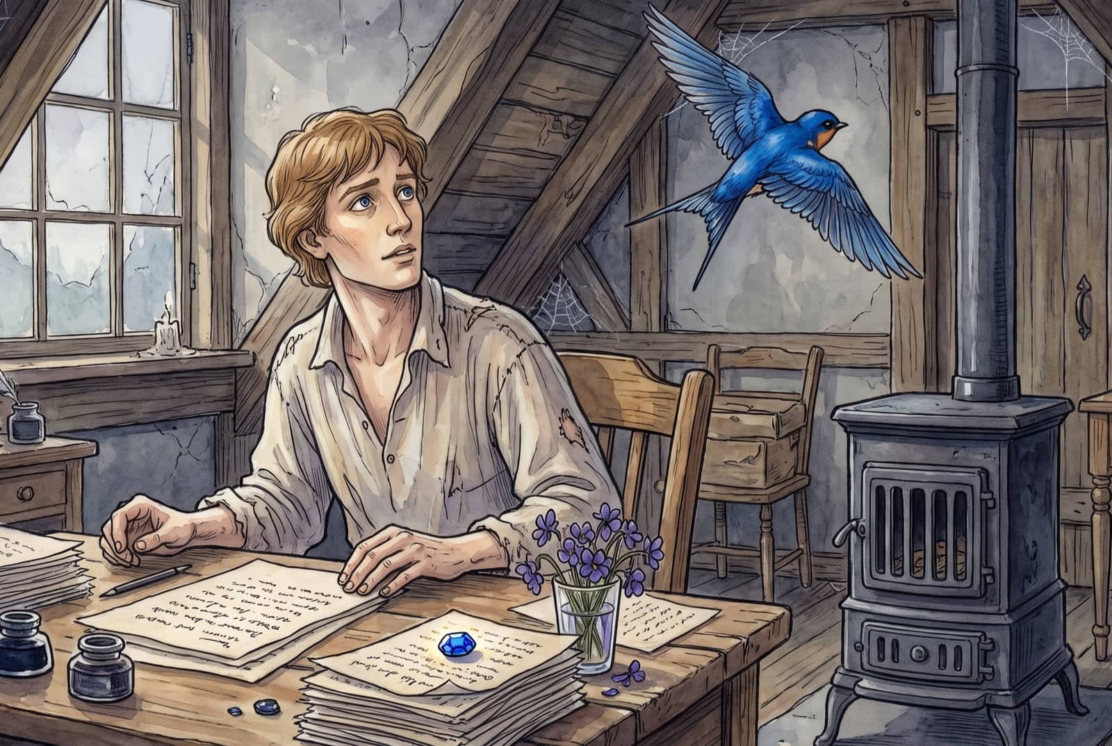 A swallow lifts off from a writer’s table in a bare attic, a single blue jewel glowing on the thin young man’s handwritten pages as he looks up in hope.