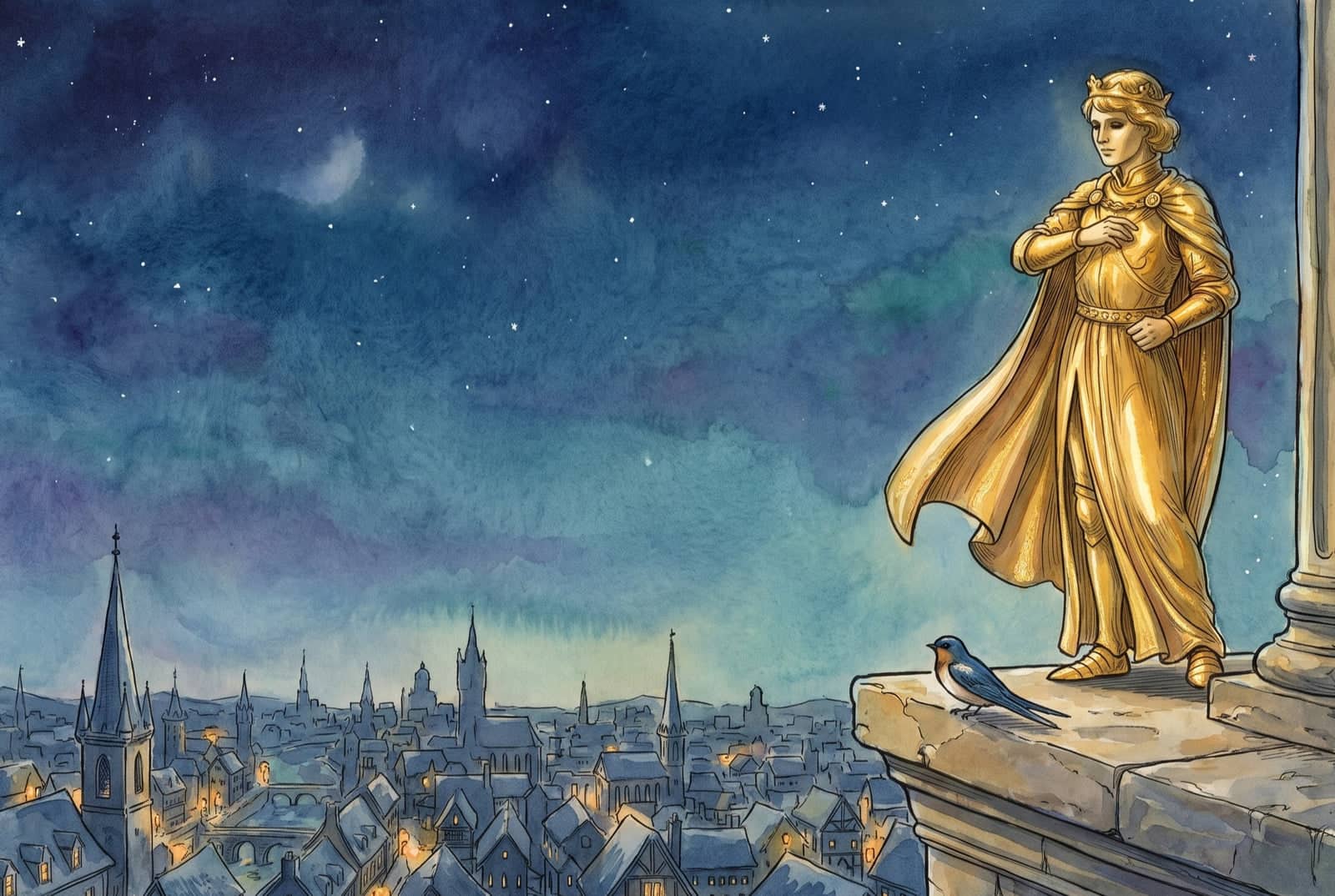 The still gilded statue stands on his column under a full moon, both eye sockets now dark and empty, a swallow perched on the plinth beside his feet.