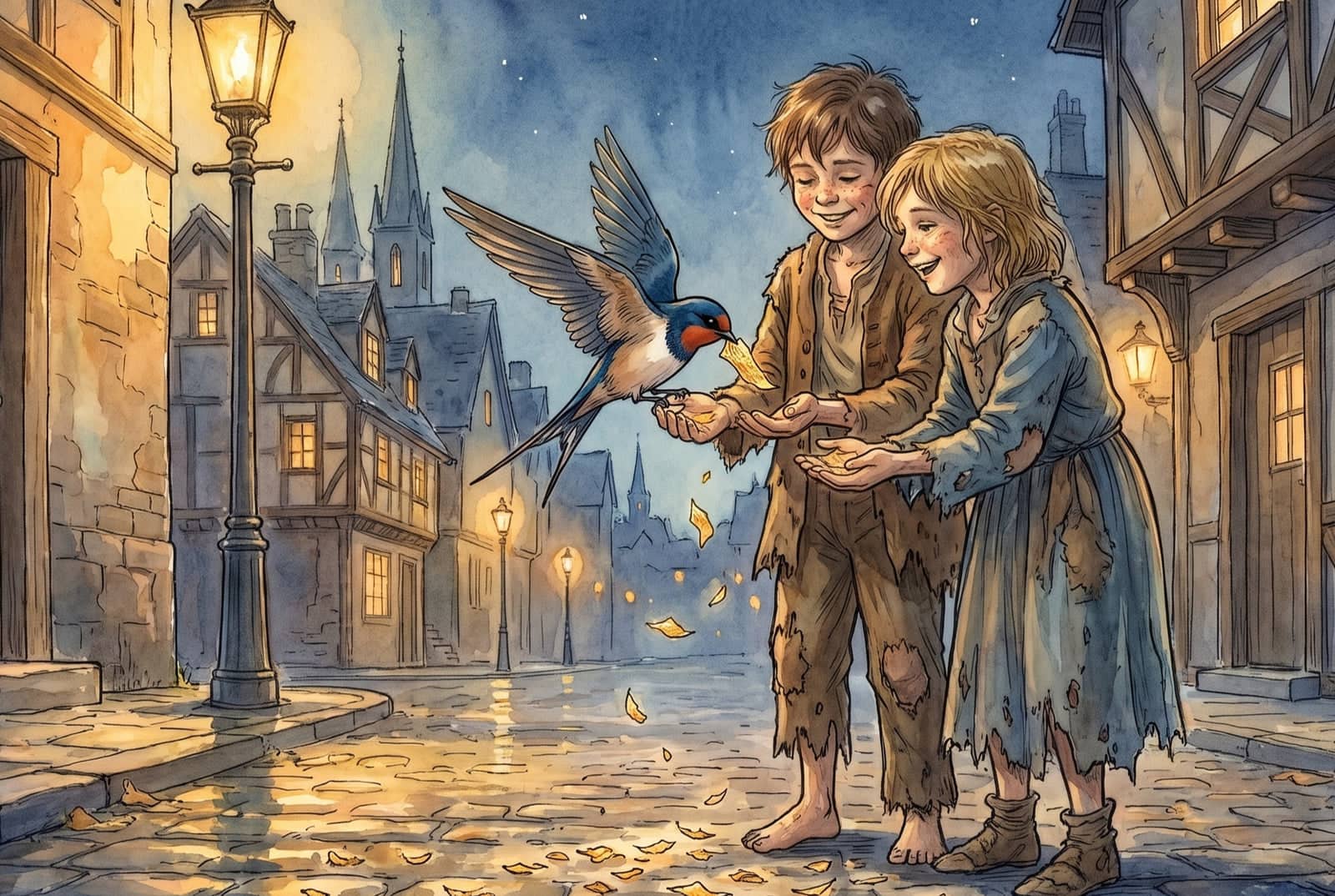 A swallow drops a flake of gold foil into the cupped hands of two ragged children in a lamplit street, more flakes scattered on the wet cobbles.