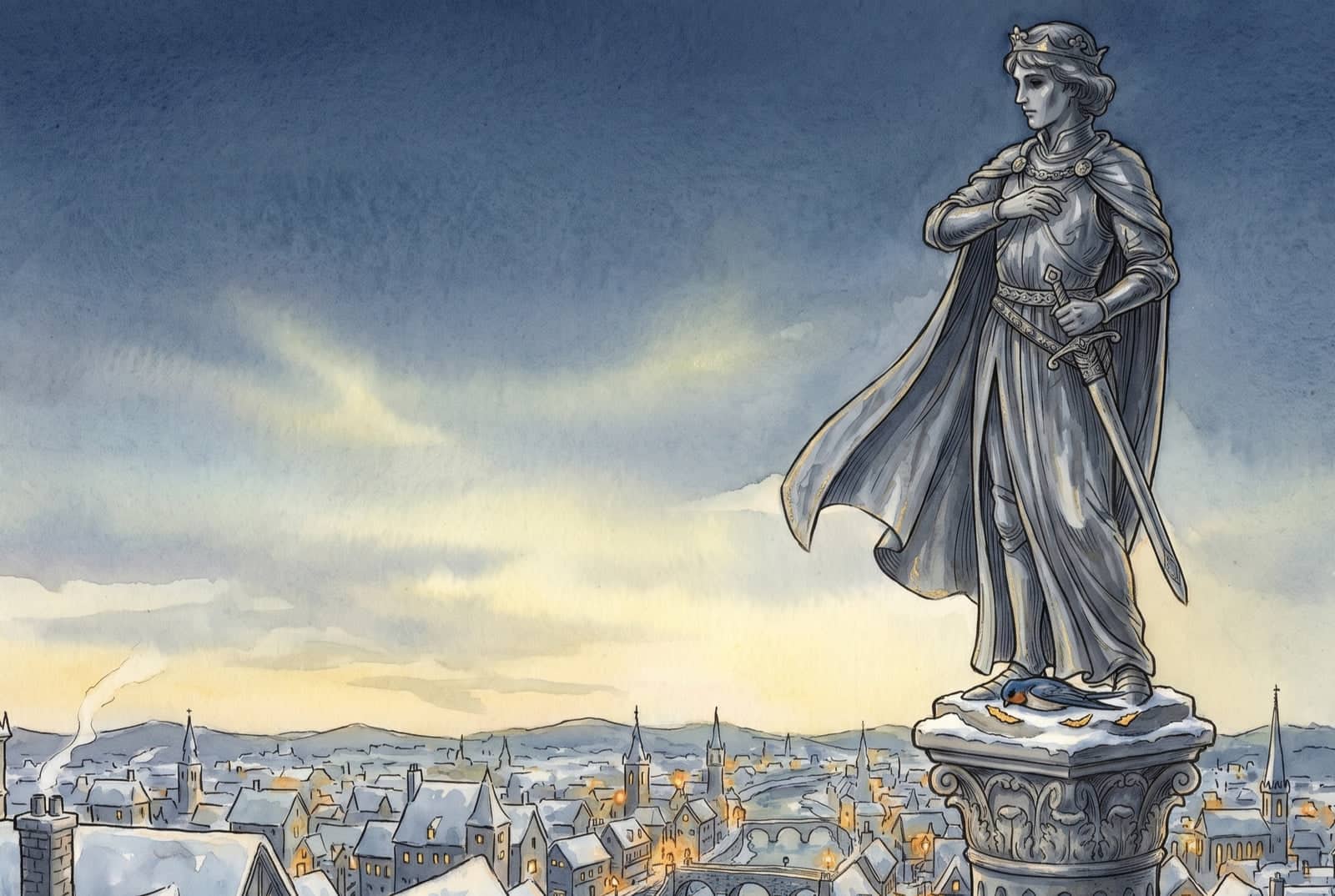 The statue, now dull grey and stripped of its gold, stands above a snowy city at dawn; a small swallow lies still on the plinth among a few gold flakes.