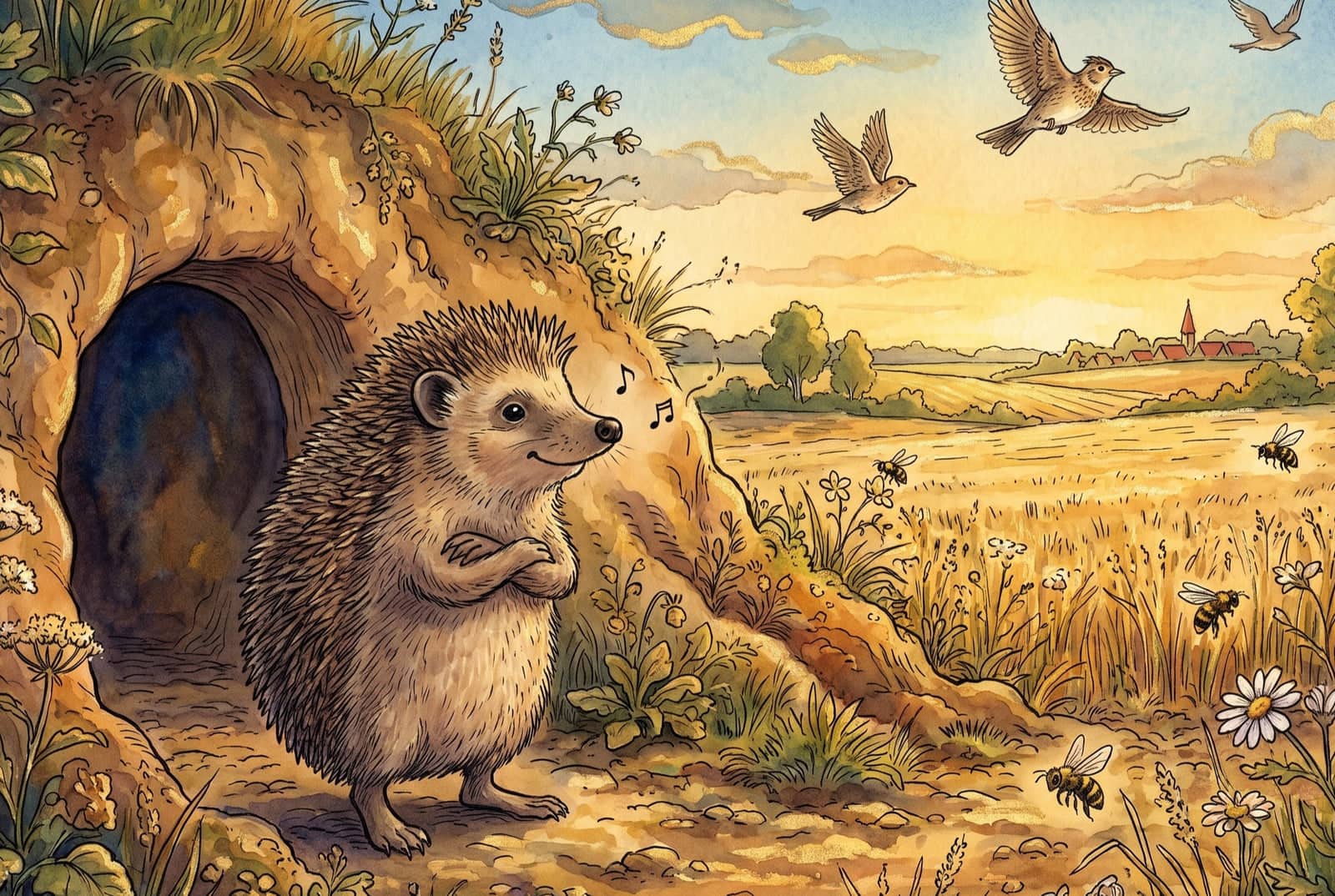Der Igel steht auf den Hinterbeinen vor seiner Tür in der Erdböschung, hat die Arme verschränkt und summt; über dem Feld fliegen Lerchen und Bienen.