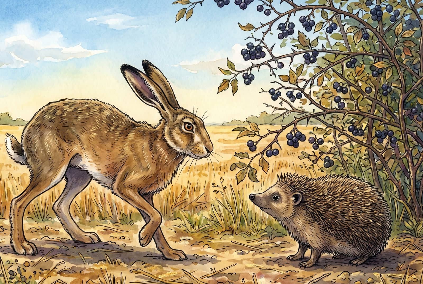 Am Schlehenbusch mit dunklen Beeren begegnen sich Hase und Igel; der Hase hält mitten im Schritt inne und schaut auf den kleinen Igel hinab.