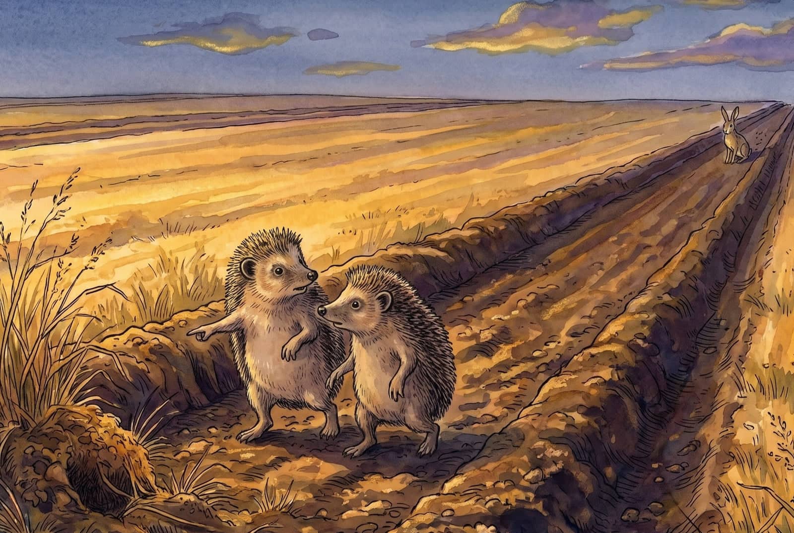 Der Igel und seine Frau, die genau gleich aussehen, stehen aufrecht an einer Furche des Ackers; er zeigt ihr den Platz, weit oben wartet der Hase.