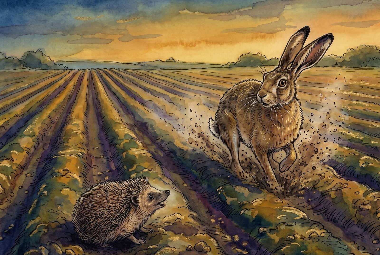 Der Hase springt mit großen Augen durch die Furche, Erdbrocken fliegen; unten in der Furche sitzt ruhig ein Igel und ruft ihm etwas zu.