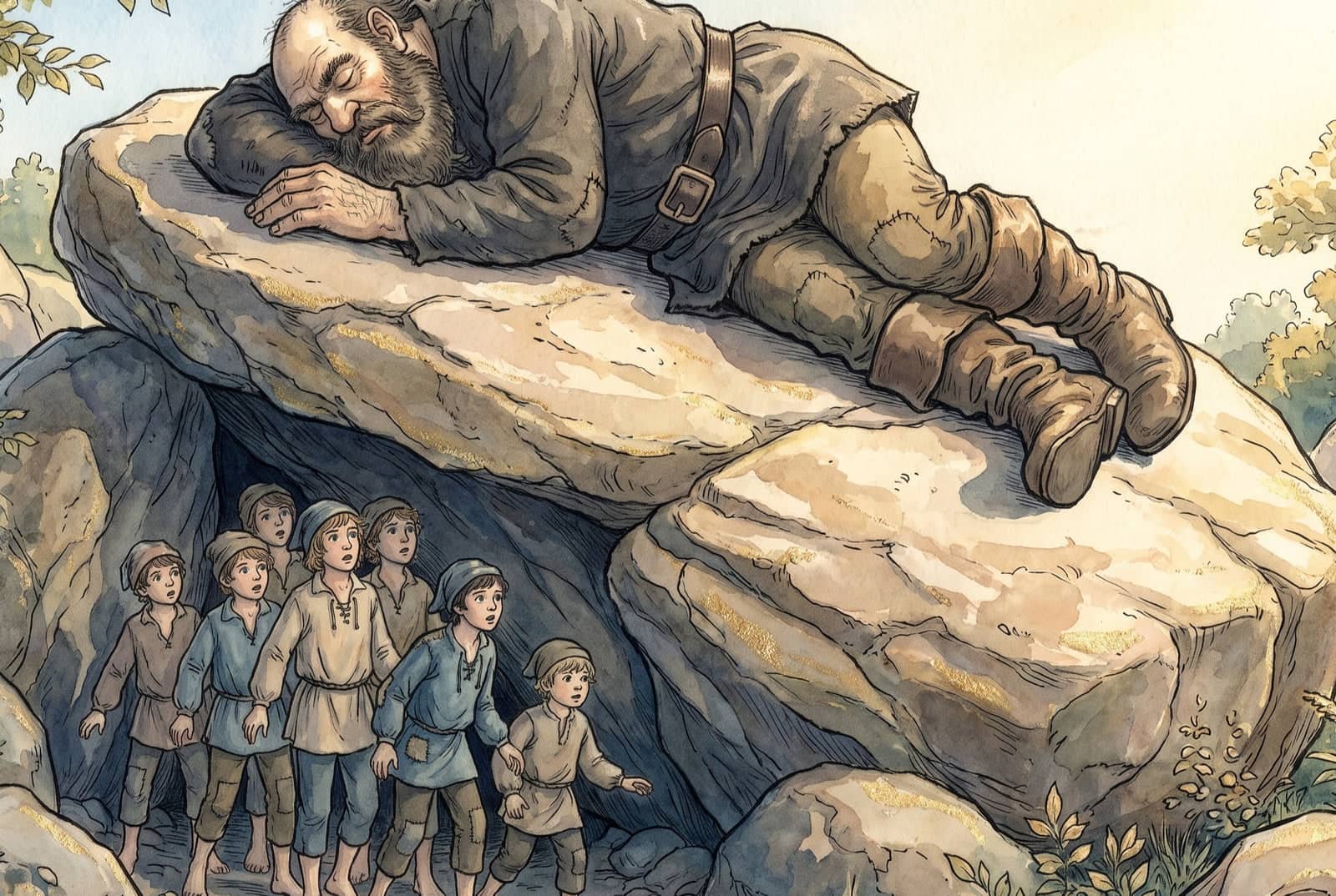 Ogromny ludożerca śpi na płaskim głazie w wielkich butach, a siedmiu braci stoi tuż pod nim w szczelinie skały i patrzy w górę.