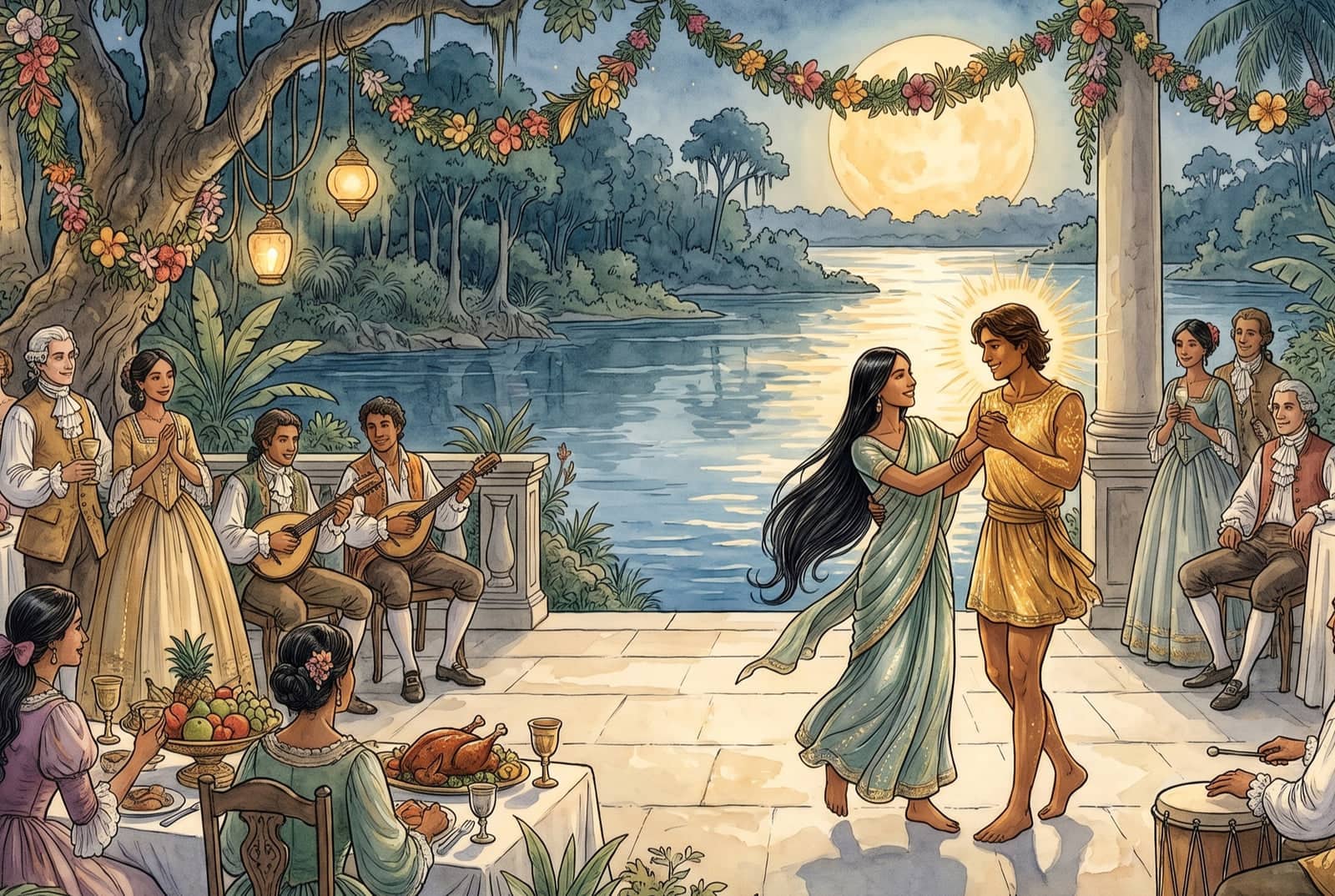 A moça dança com um rapaz de túnica dourada e halo de luz atrás da cabeça, num terraço de pedra à beira do rio, entre convidados, músicos e lanternas.
