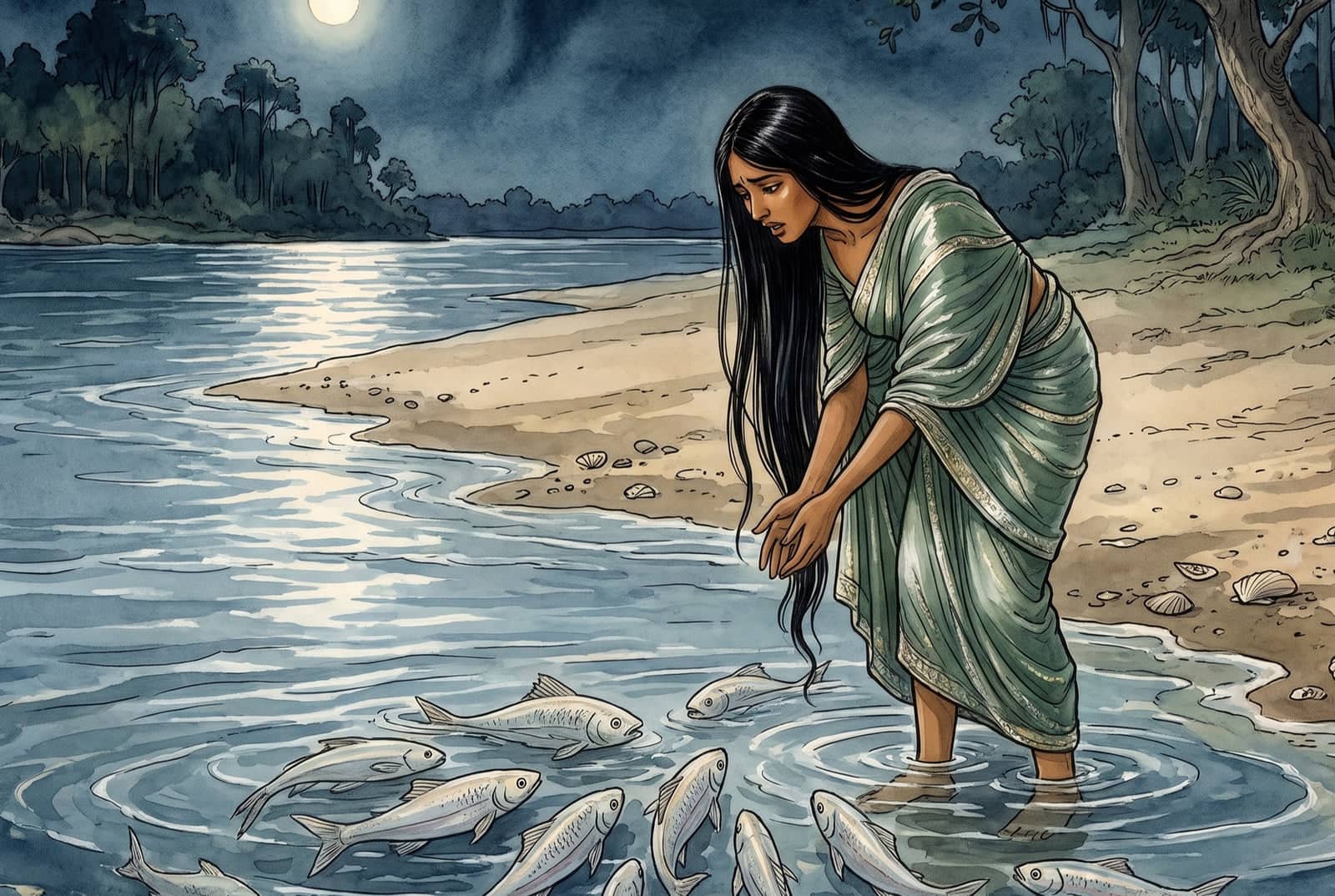 Na água rasa de uma praia deserta ao luar, a moça se curva de mãos estendidas para um cardume de peixes prateados, o rosto aflito e o cabelo na água.