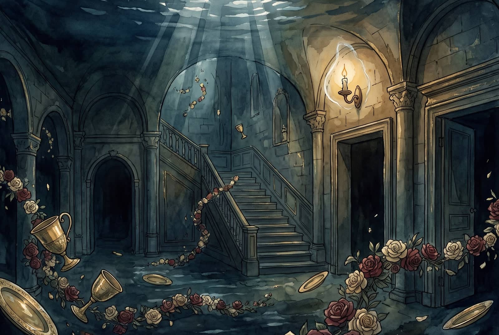 Salão submerso e sem ninguém: escadaria e portas abaixo da água, taças e pratos de ouro e guirlandas de rosas boiando, uma vela acesa perto do teto.