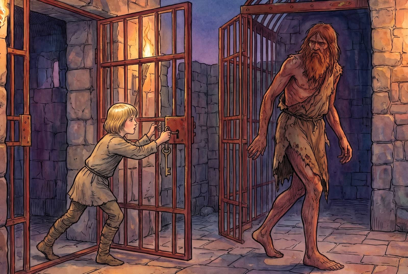 A fair-haired boy pushes open the barred door of a courtyard cage, a big key in the lock, as the shaggy wild man steps out past him into the torchlight.
