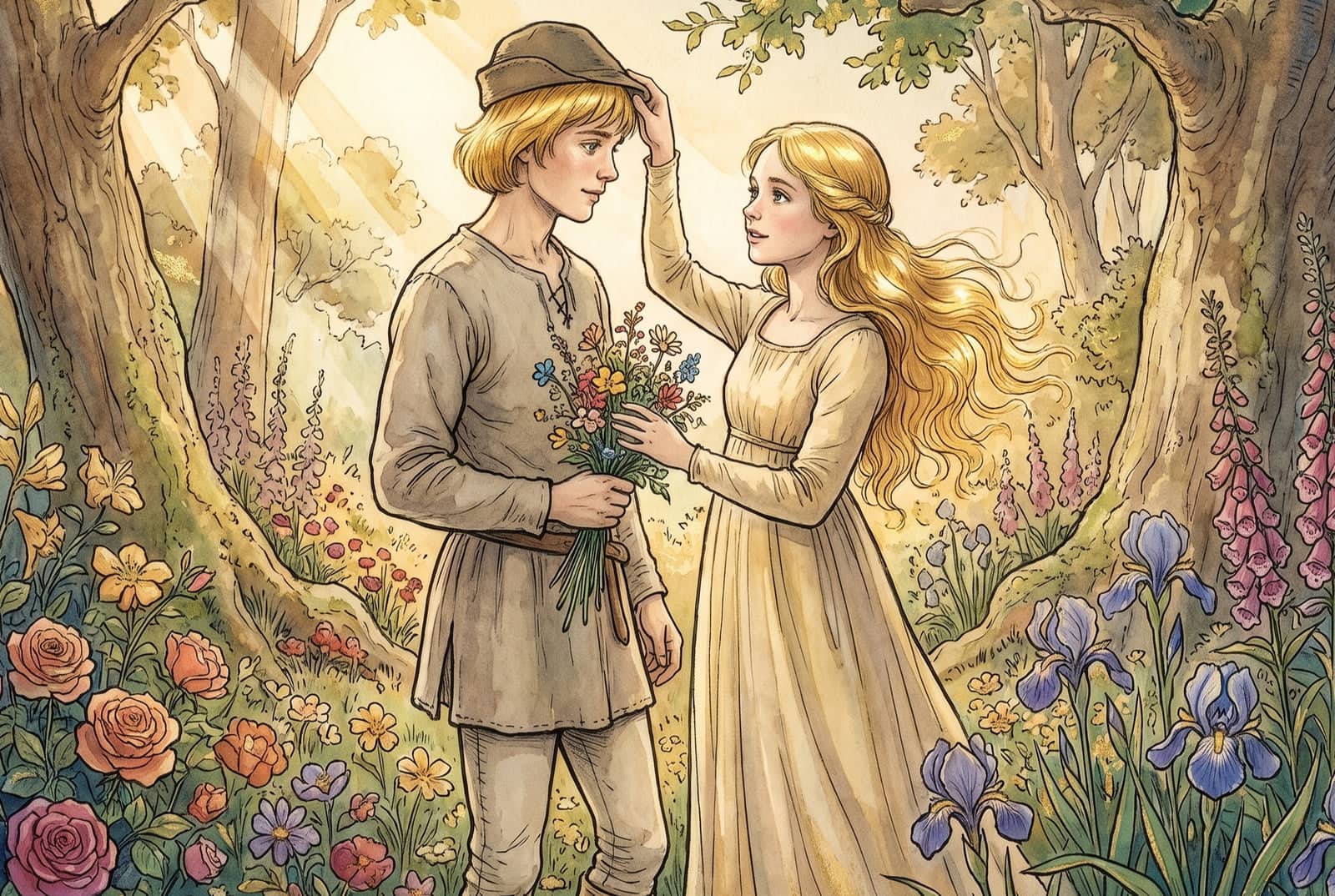 In a garden full of roses and irises, a young woman lifts the cap off a young gardener and his golden hair shines out; he holds a bunch of wildflowers.