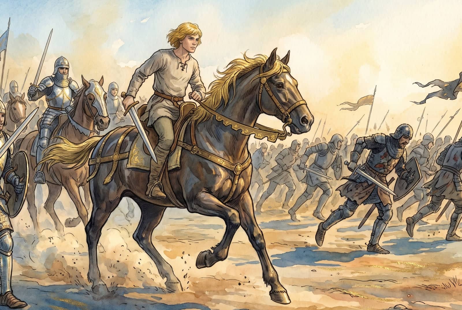 Bare-headed and gold-haired, a young man in a plain tunic rides a dark warhorse at the head of armored riders, sword drawn, as enemy soldiers run scattering.