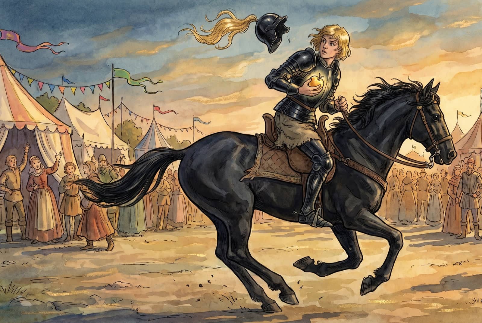 In black armor on a galloping black horse, a young man clutches a golden apple and glances back as his helmet spins off, a gold plume streaming from it.