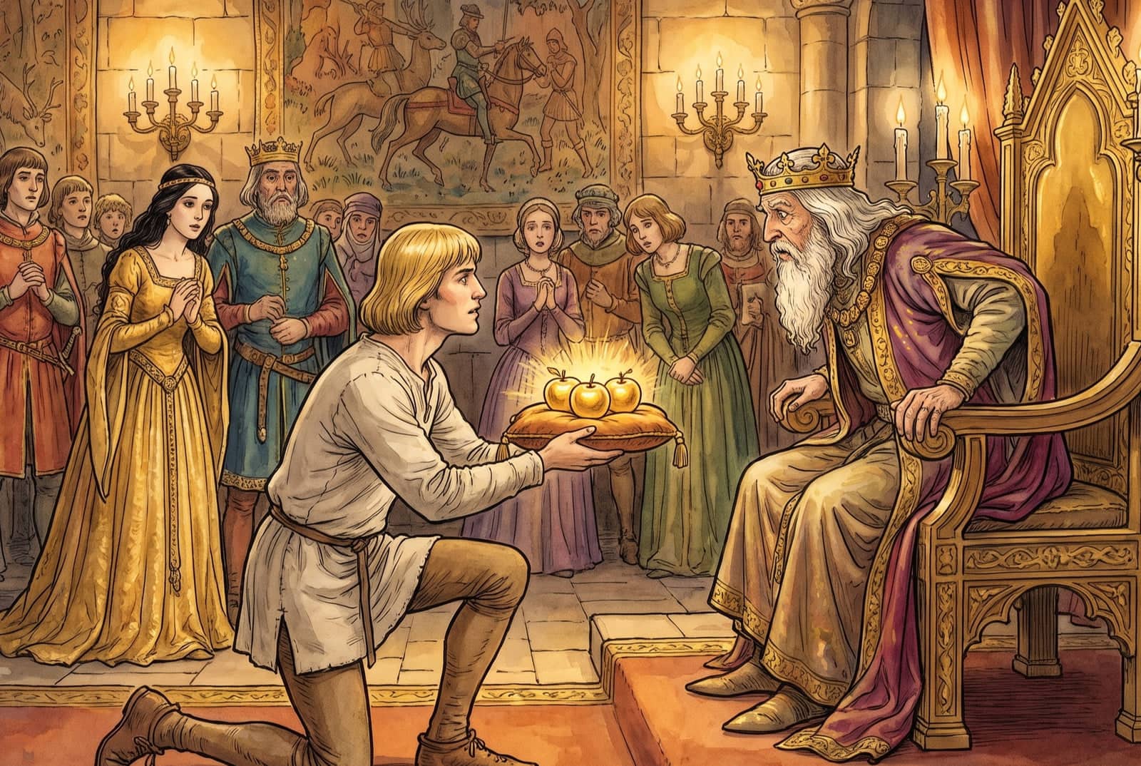 A young man with golden hair kneels in a plain tunic, holding out a cushion with three shining golden apples to an old crowned king while the court looks on.