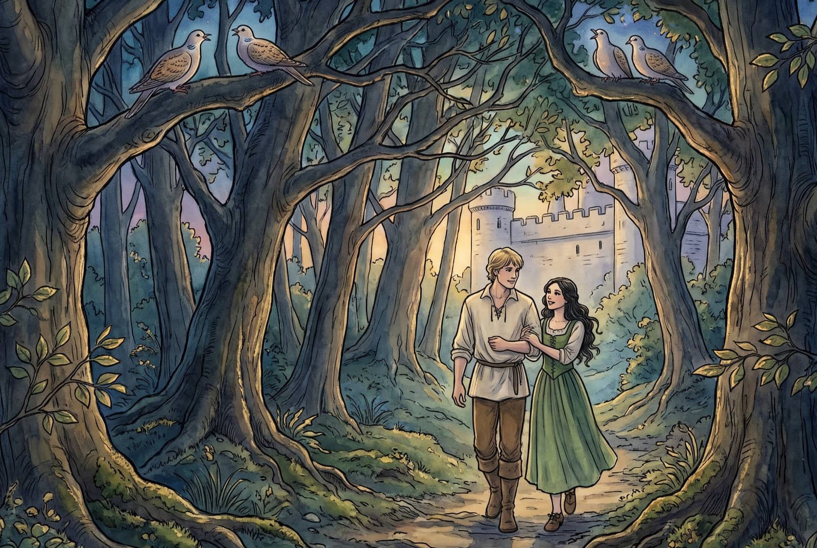 A young couple walk arm in arm along a woodland path at dusk, four doves perched on the branches above them and a battlemented tower behind the trees.