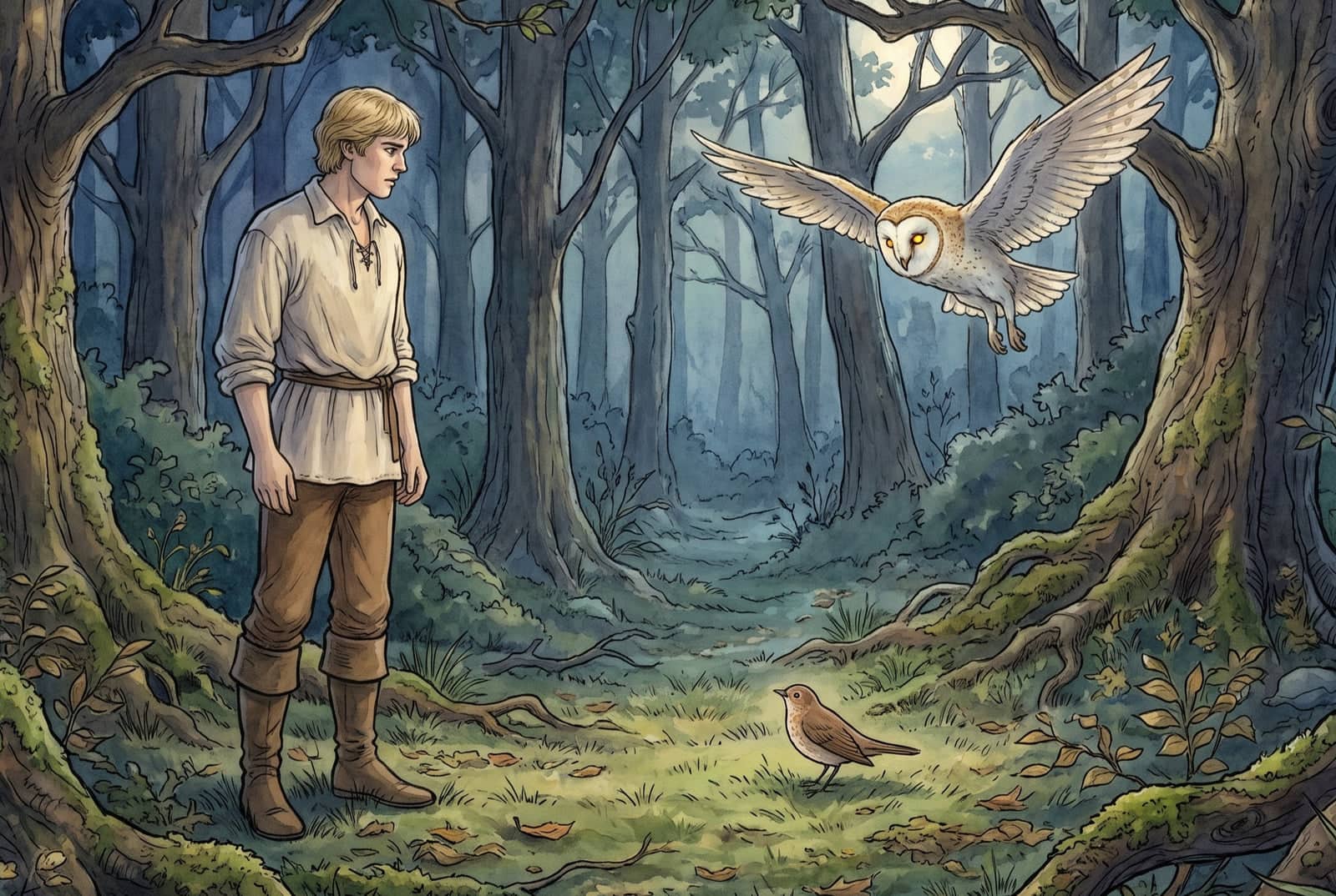 A young man stands with his arms at his sides staring at a small brown bird on the grass, while a pale owl with glowing eyes flies high among the trees.