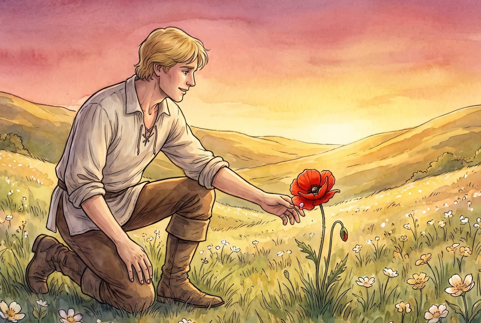 A young man kneels in a meadow of white flowers at sunrise, fingers reaching toward one scarlet flower with a bead of dew on its petal.