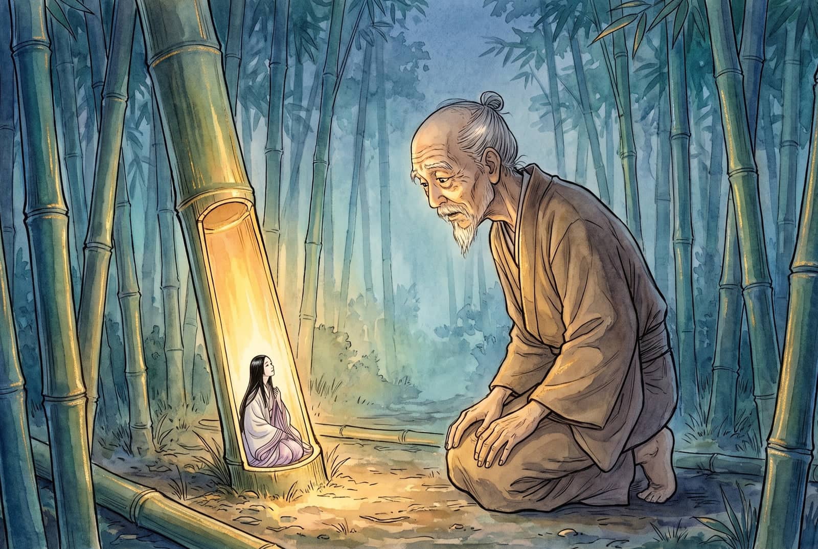 An old man kneels in a misty bamboo grove before a split bamboo glowing gold, where a tiny girl with long black hair kneels inside the hollow stem.
