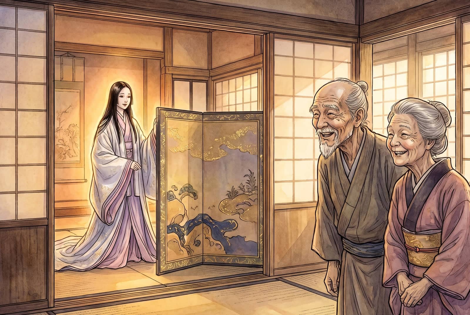 A glowing young woman in layered robes stands beside a painted folding screen, while the old man and his wife laugh with joy in a sunlit room.