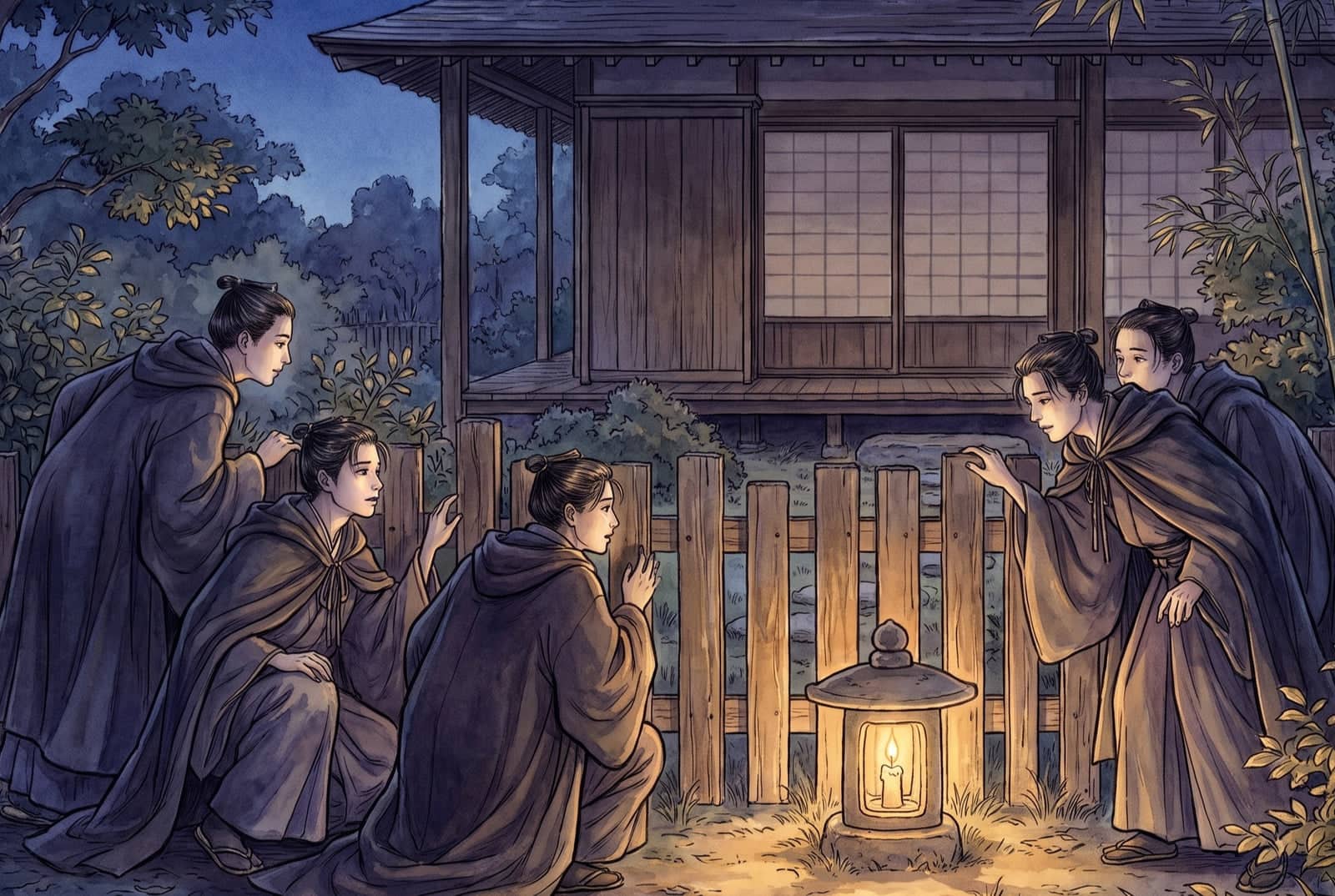 Five young men in dark hooded cloaks crouch and lean at a wooden fence at night, peering toward a quiet house beside a stone lantern.