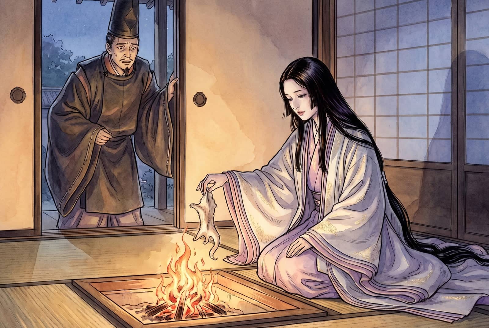 The young woman kneels by a sunken hearth and drops a pale skin into the flames, as a nobleman in a tall black cap looks on in alarm from the doorway.