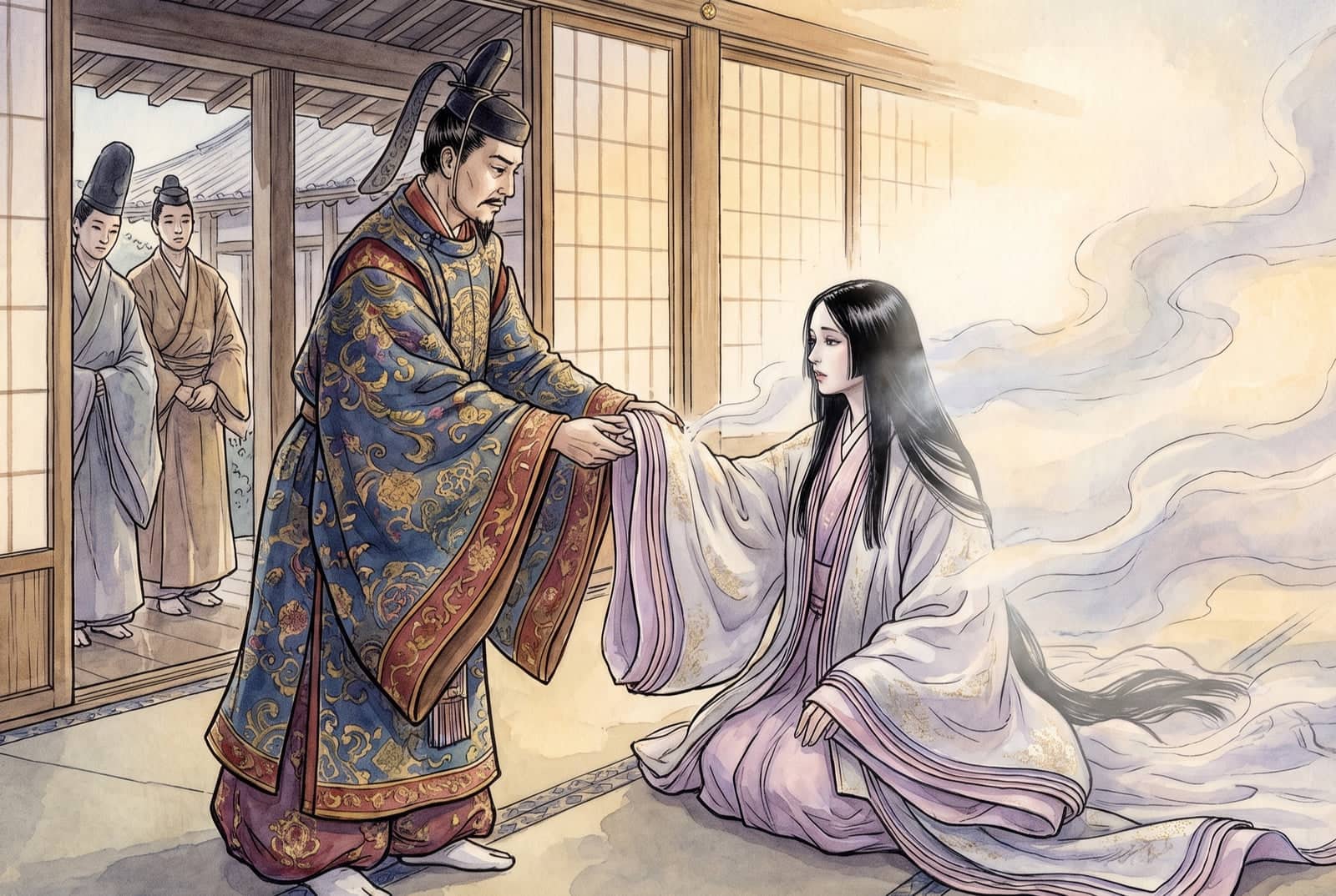 The Emperor in rich embroidered robes holds the sleeve of the kneeling young woman as pale mist swirls around her, two attendants watching from the doorway.