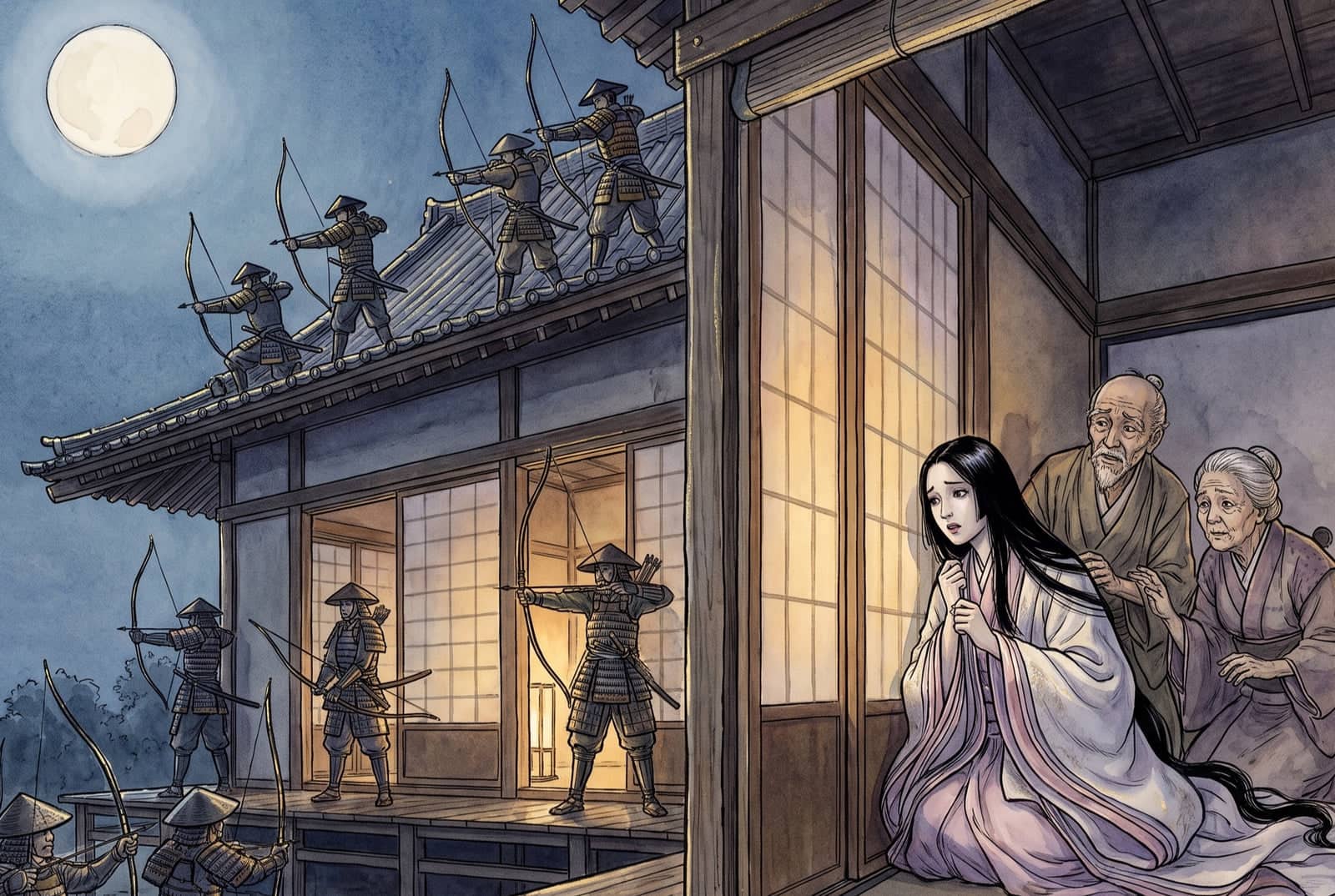 Archers in armor aim their bows from the roof and the veranda under a full moon, while the old man and his wife hold the frightened young woman inside.