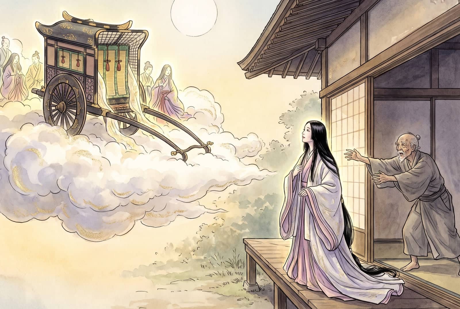 A roofed carriage flanked by shining figures rides a golden cloud toward the house, as the glowing young woman looks up and the old man reaches out to her.
