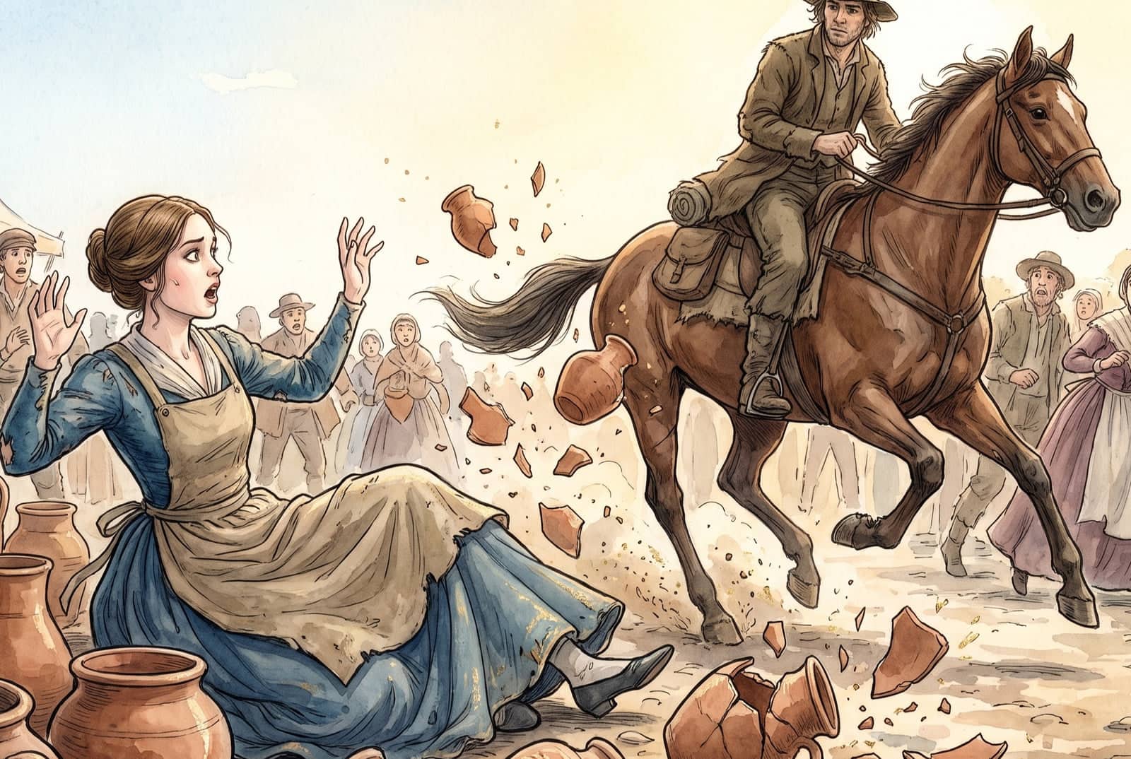 A young woman sitting on the ground at a market throws up her hands and cries out as a rider on a galloping brown horse sends her clay pots flying in pieces.
