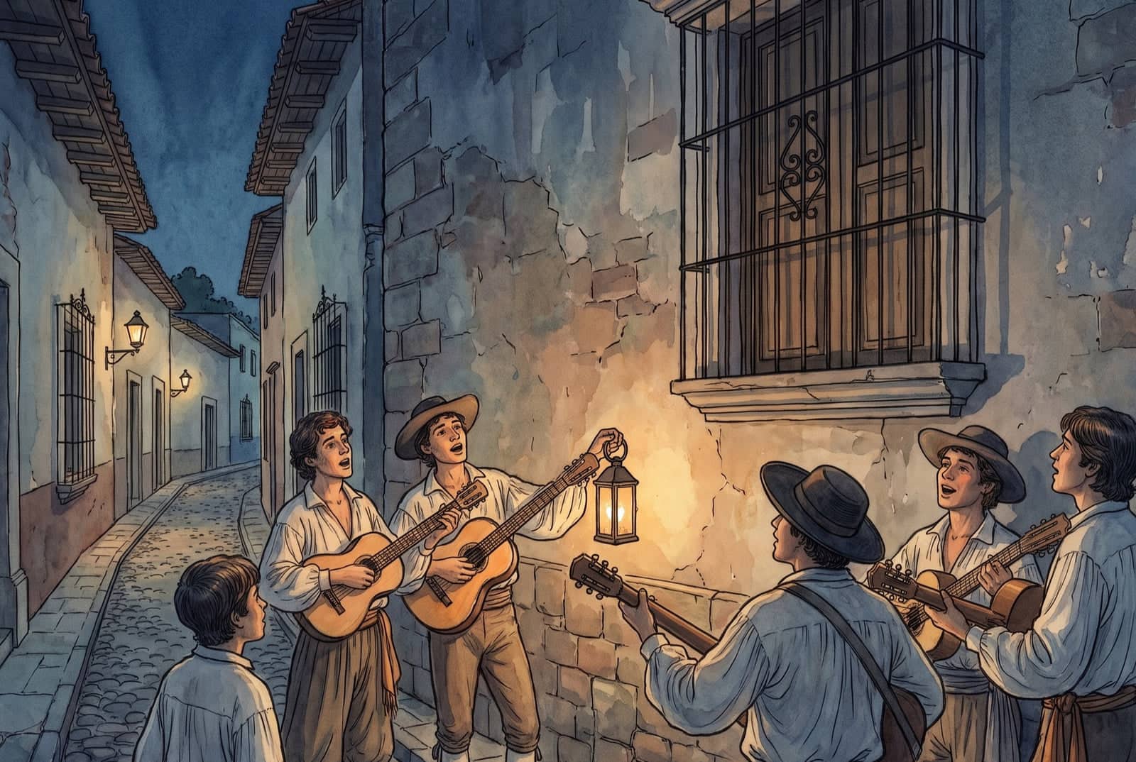 Varios jóvenes con guitarras cantan de noche en una calle empedrada; uno alza un farol hacia una ventana enrejada, cerrada y sin ninguna luz detrás.
