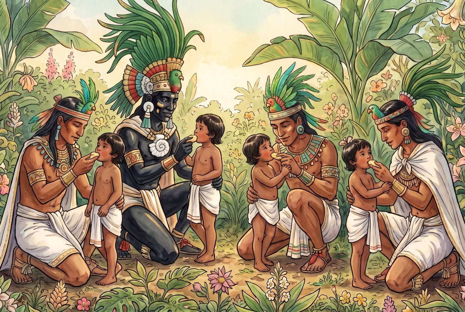 En un jardín verde con flores, cuatro dioses con penachos de plumas, Quetzalcóatl de piel negra entre ellos, ponen maíz en la boca de cuatro niños pequeños.