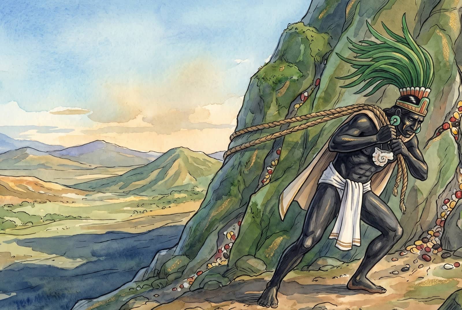 Quetzalcóatl, de piel negra y penacho de plumas verdes, se inclina jalando unas cuerdas gruesas atadas al monte, de cuyas grietas asoman granos de colores.