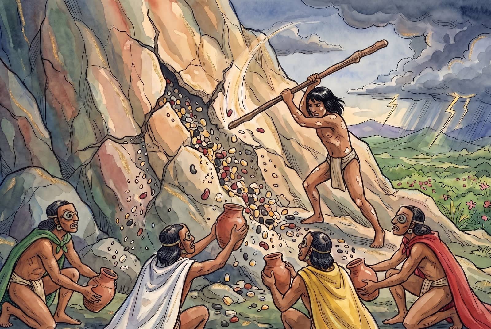 Nanáhuatl golpea con un palo el monte partido, del que caen granos de colores, y cuatro tlaloques con capas verde, blanca, amarilla y roja sostienen cántaros.