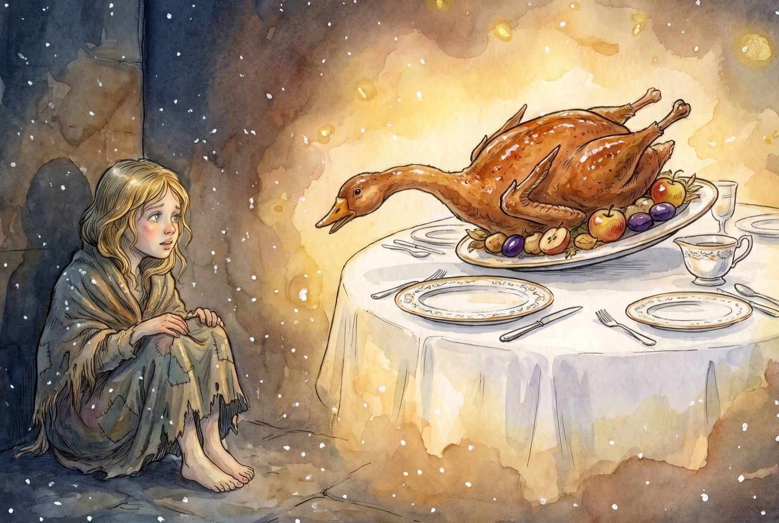 Dans son coin sombre, la fillette pieds nus regarde une table dressée surgir dans la lumière dorée : sur le plat, l’oie rôtie tend le cou vers elle.