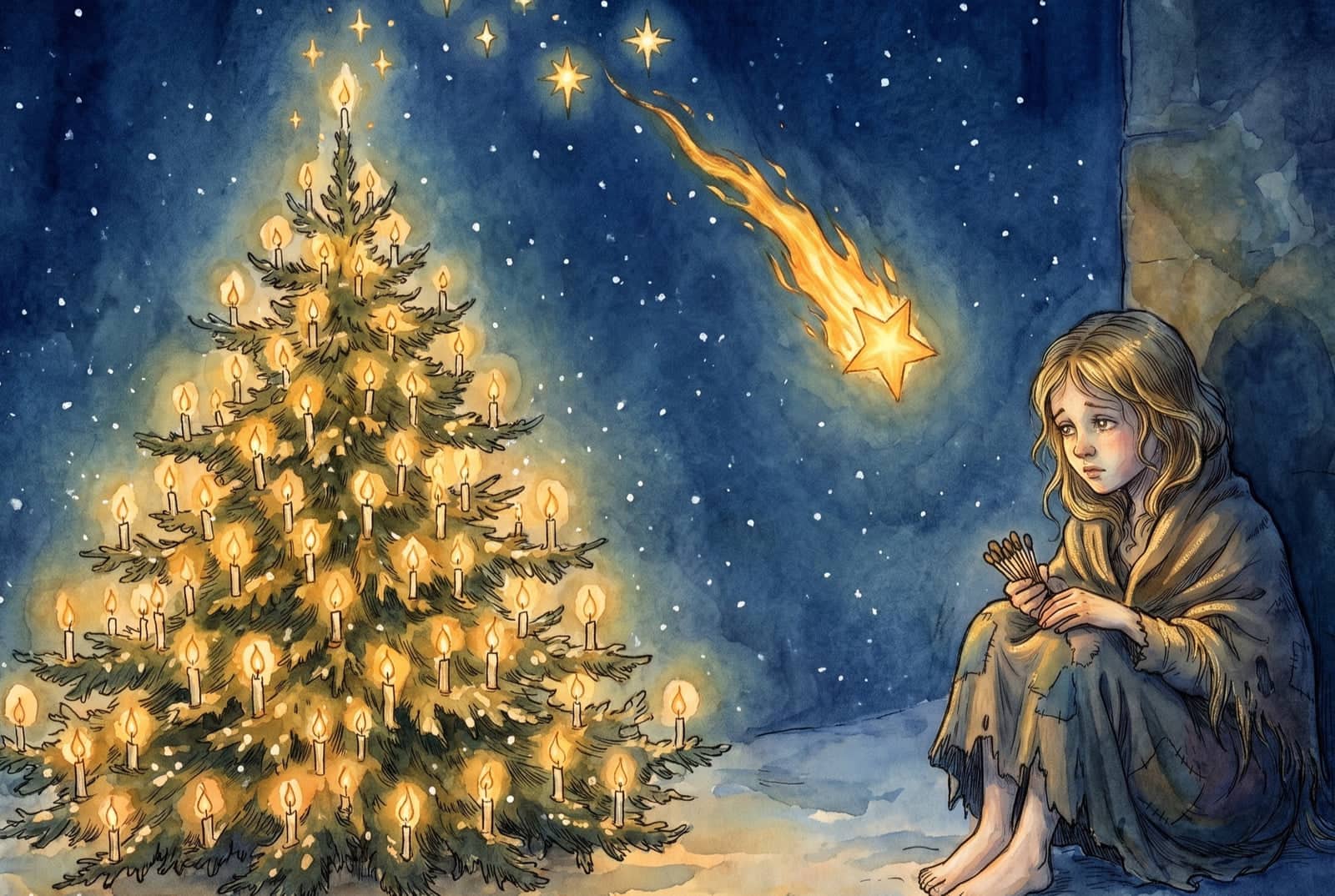 Dans la neige contre un mur, la fillette serre ses allumettes ; un sapin couvert de bougies allumées brille près d’elle et une étoile filante raye le ciel.
